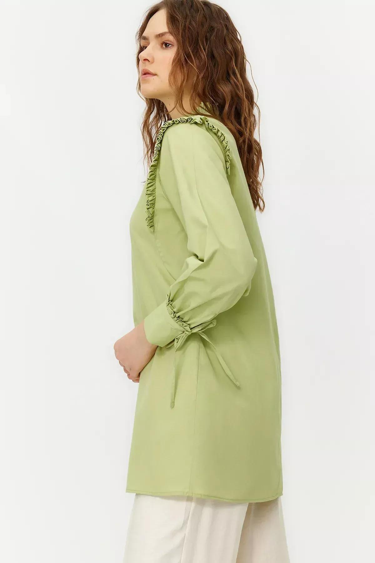 Green Ruffle Woven Cotton Tunic, Green, large image number 2