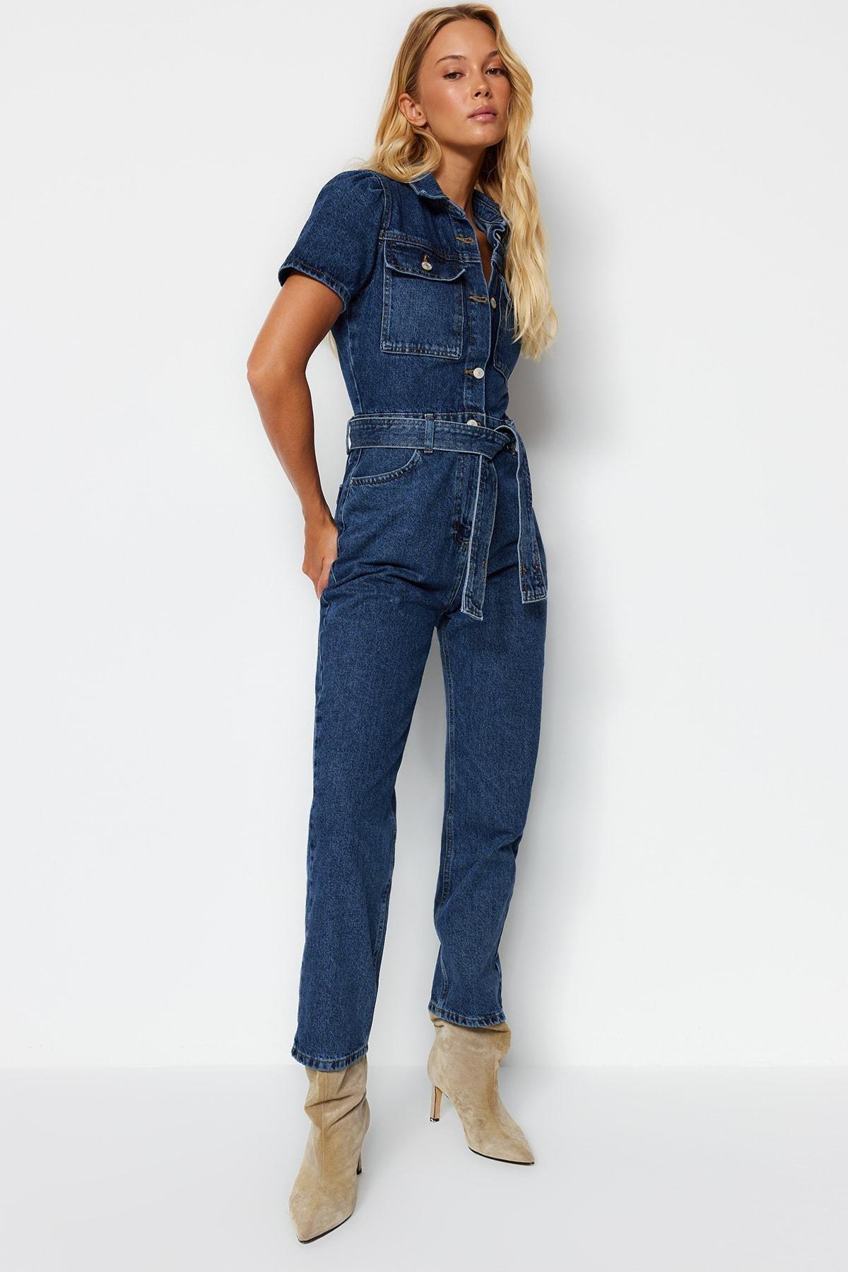 Blue Lapel Collar Jumpsuit, , large image number 4