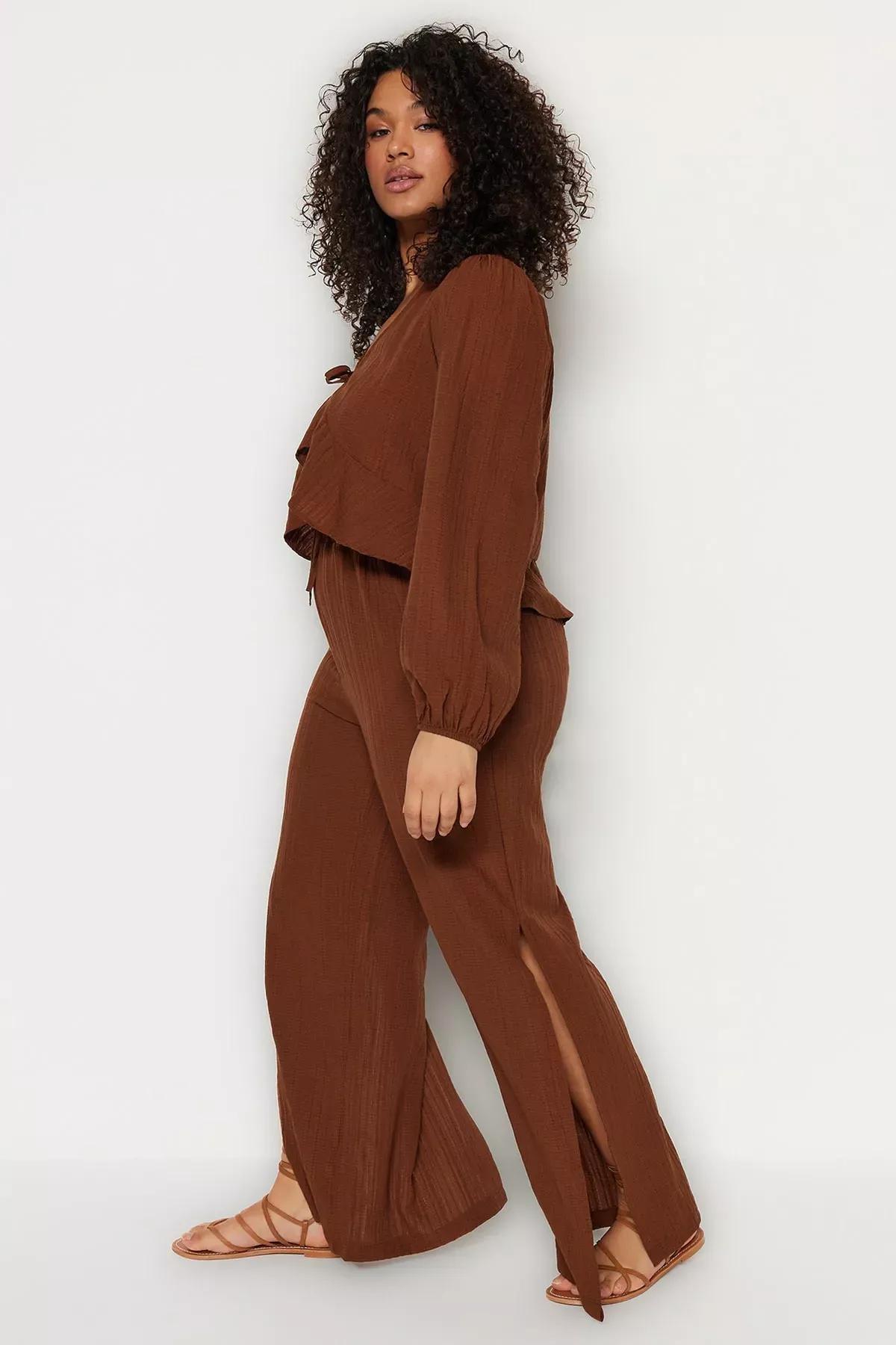 Brown Wide Leg Plus Size Pants, Brown, large image number 0