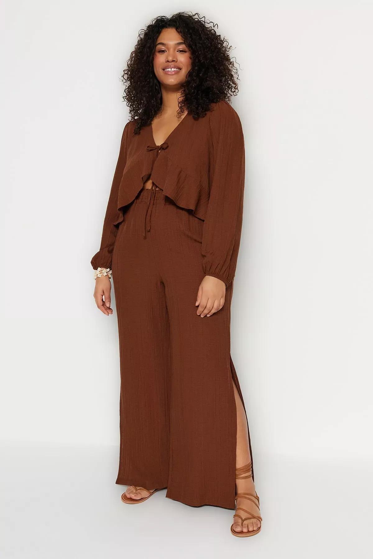 Brown Wide Leg Plus Size Pants, Brown, large image number 1