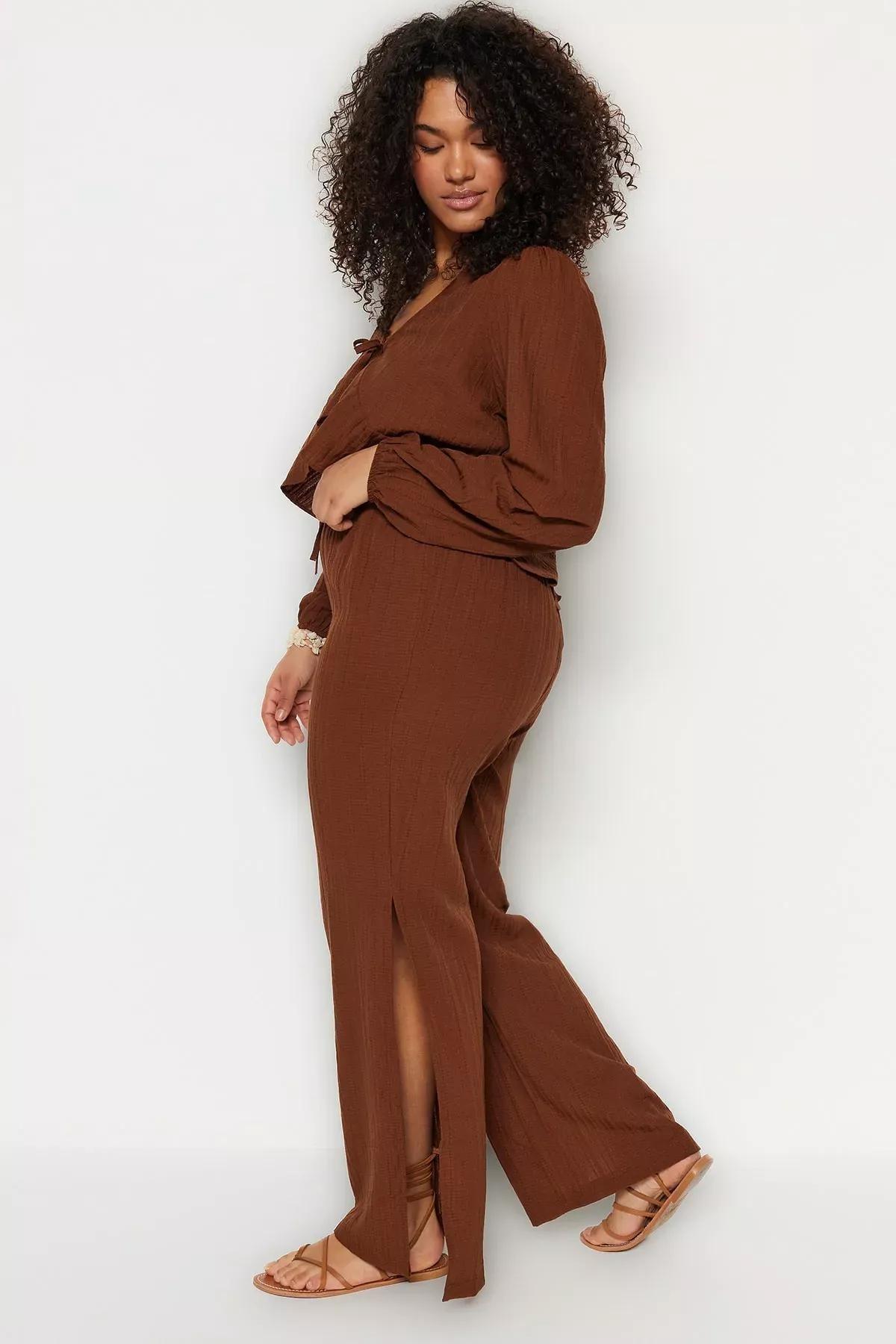 Brown Wide Leg Plus Size Pants, Brown, large image number 2