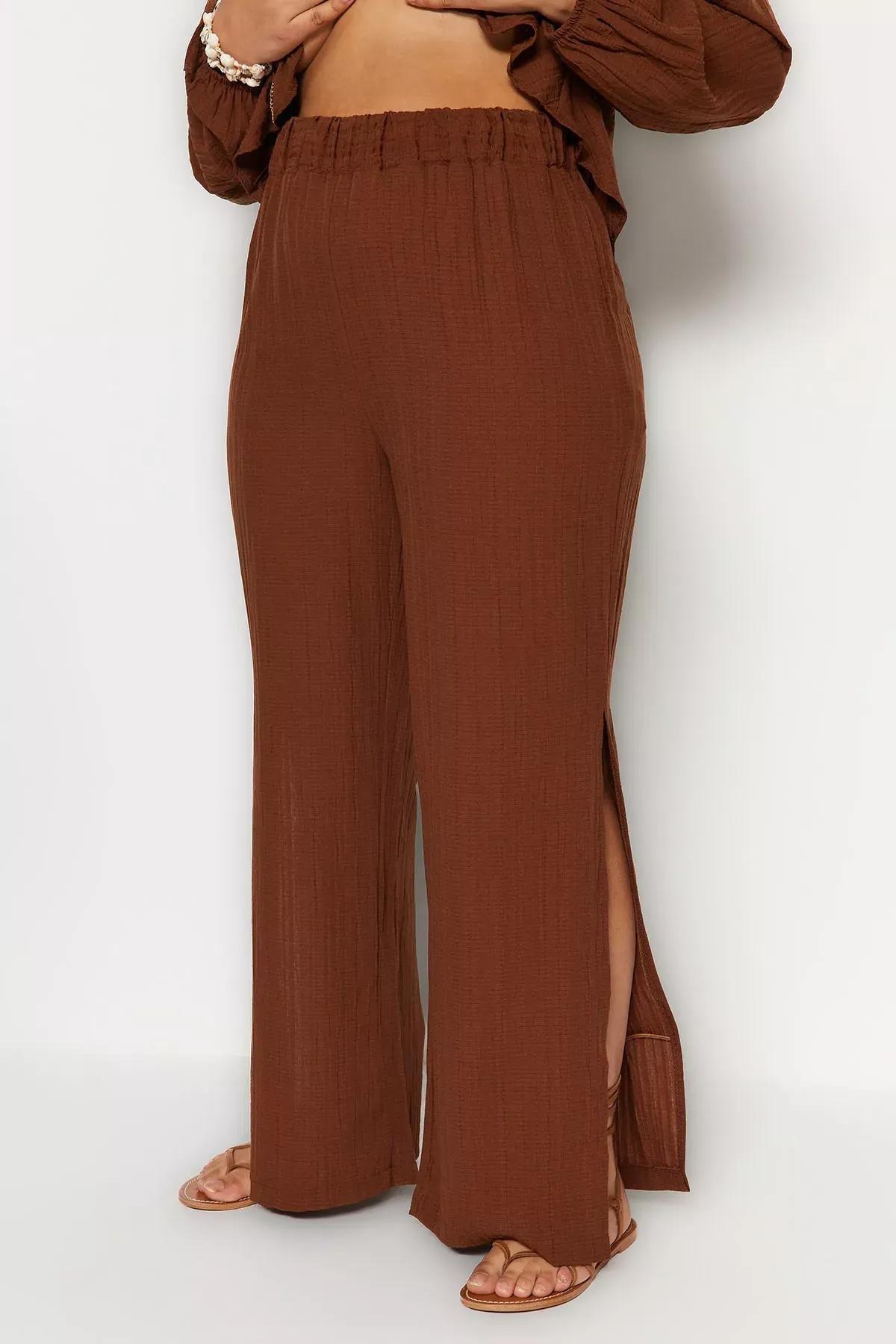 Brown Wide Leg Plus Size Pants, Brown, large image number 3