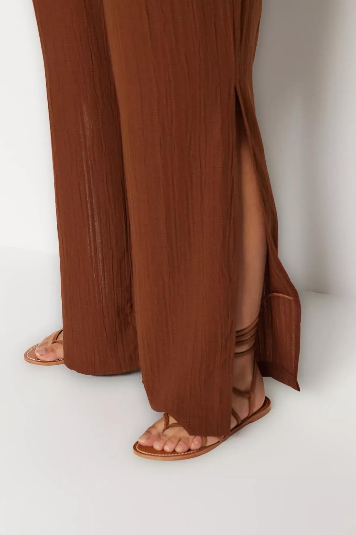 Brown Wide Leg Plus Size Pants, Brown, large image number 4