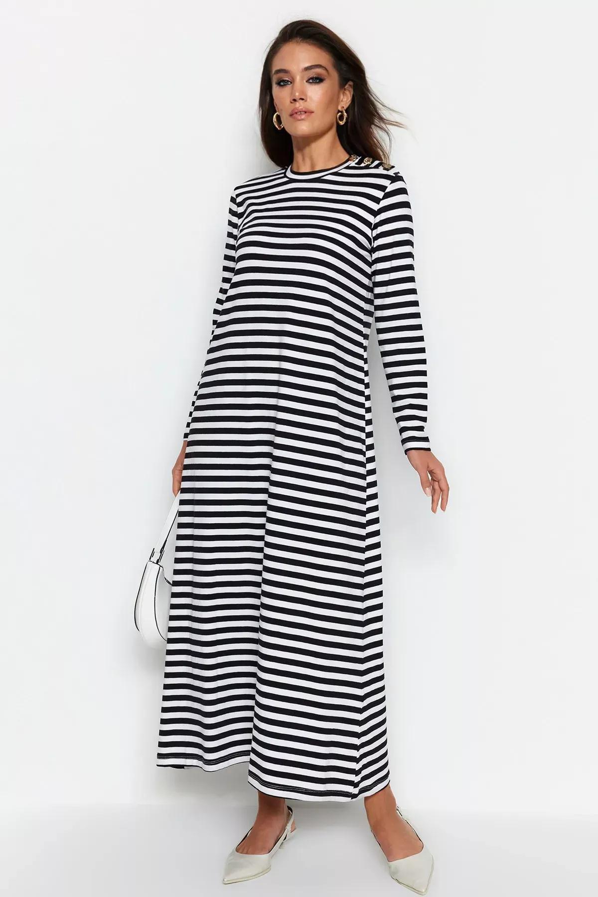 White Striped Dress, White, large image number 1