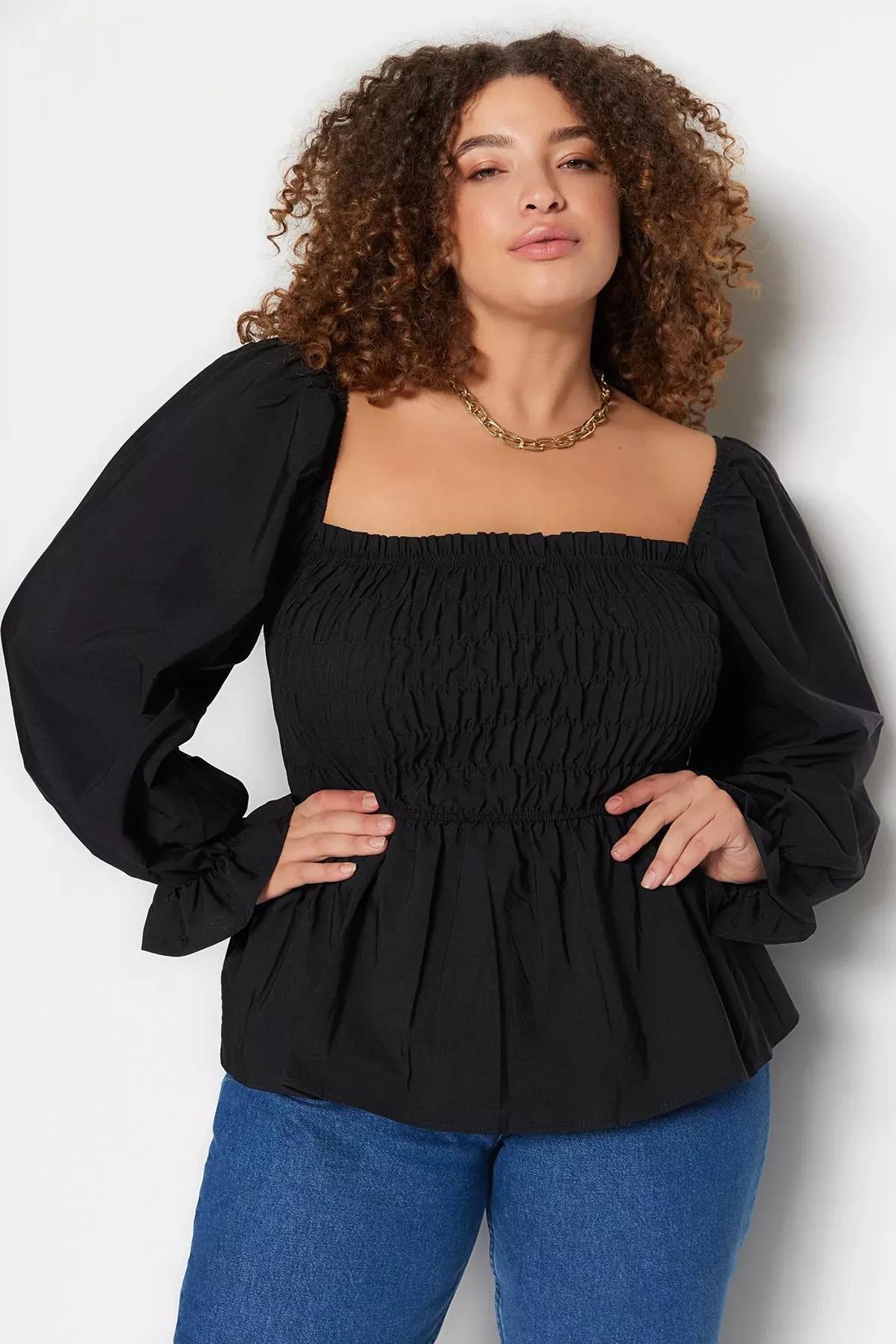 Black Fitted Plus Size Blouse, Black, large image number 0