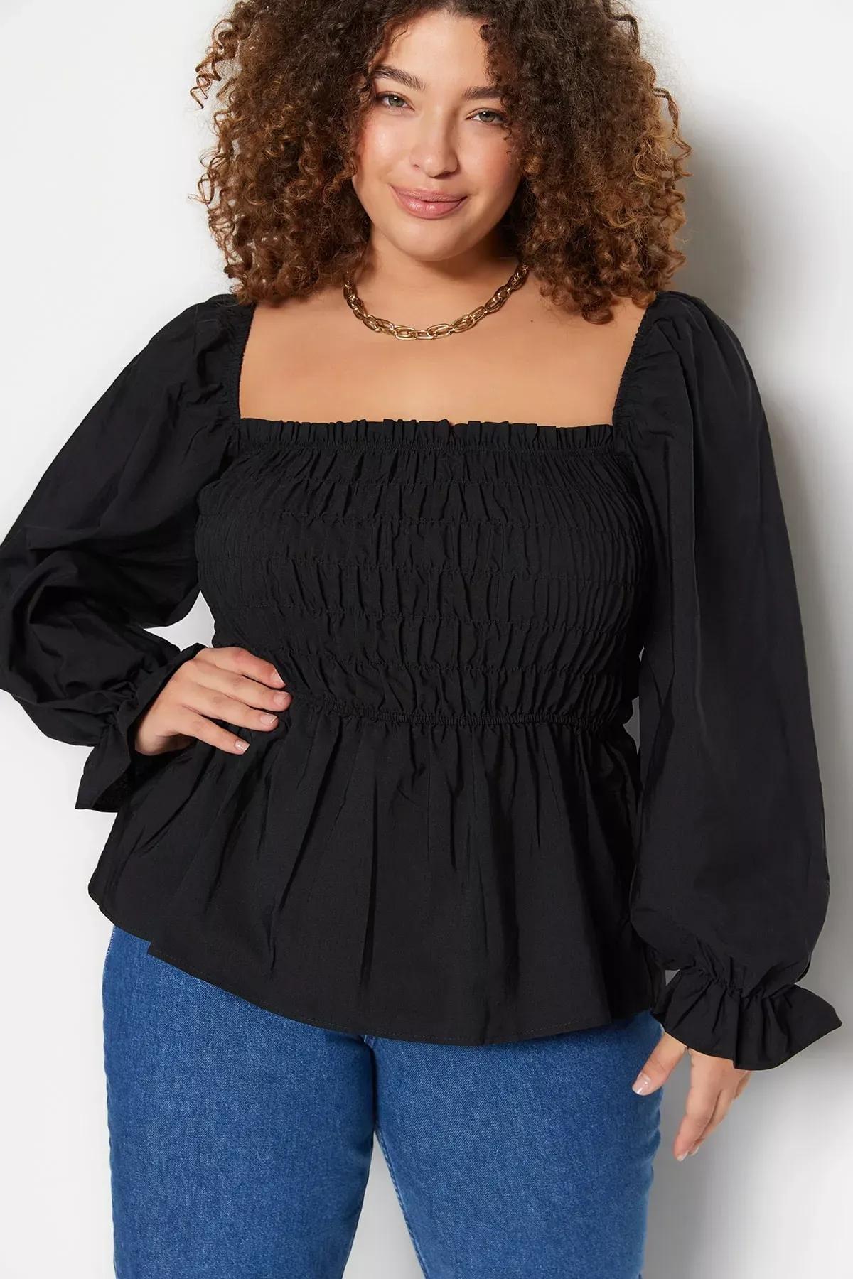 Black Fitted Plus Size Blouse, Black, large image number 1