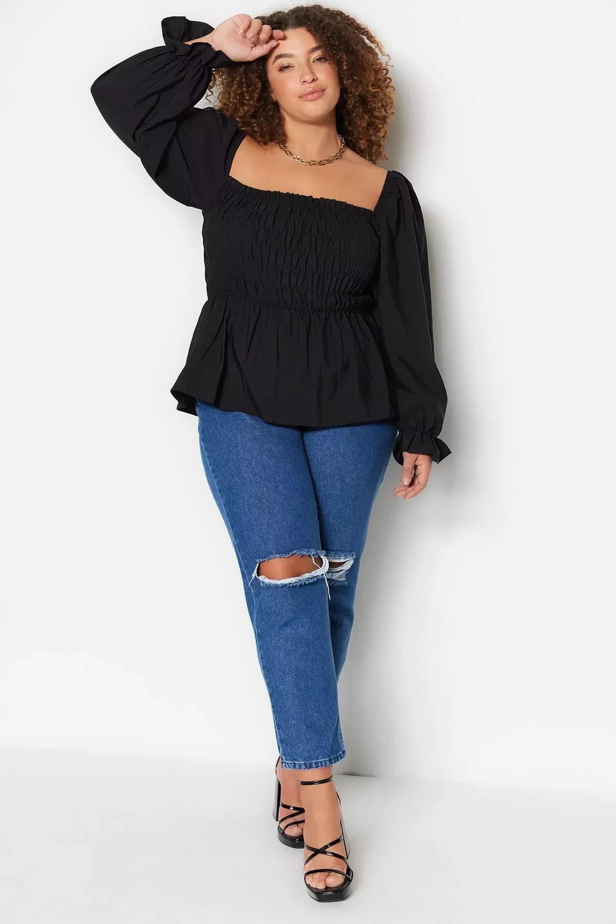 Black Fitted Plus Size Blouse, Black, large image number 2