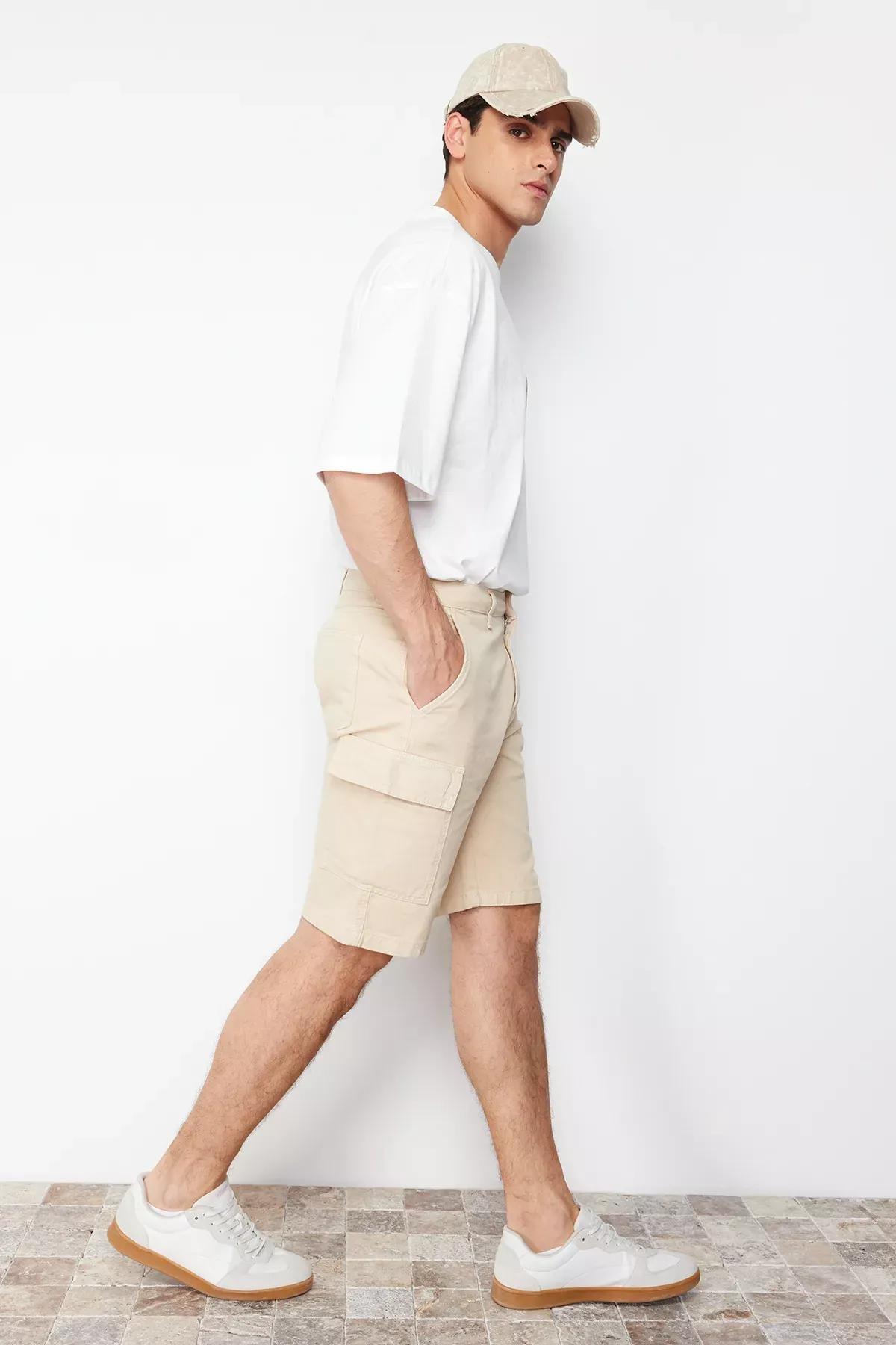 Stone Relaxed Cut Denim Jeans Shorts with Cargo Pocket & Bermuda TMNSS23SR00065, STONE, medium