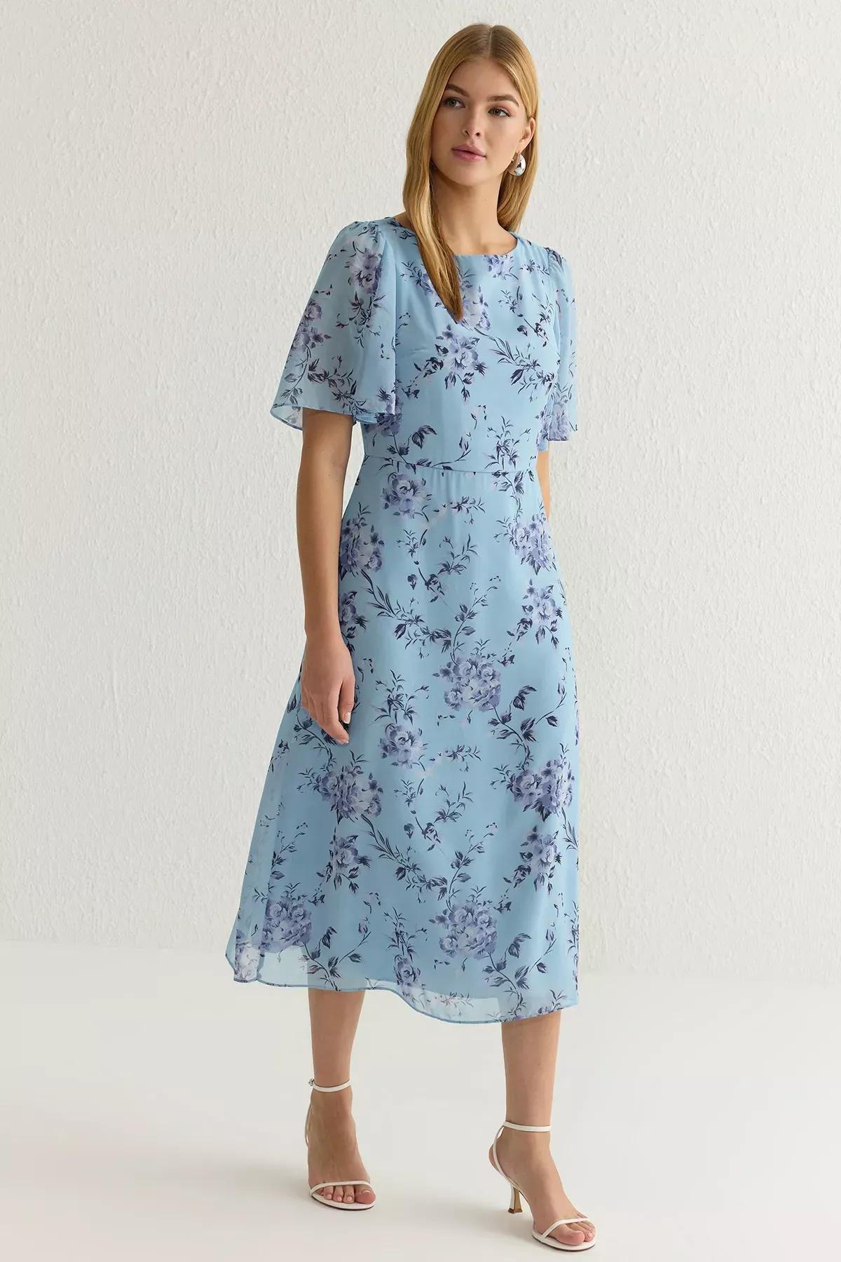 Blue Floral A-Line Midi Lined Dress, , large image number 0