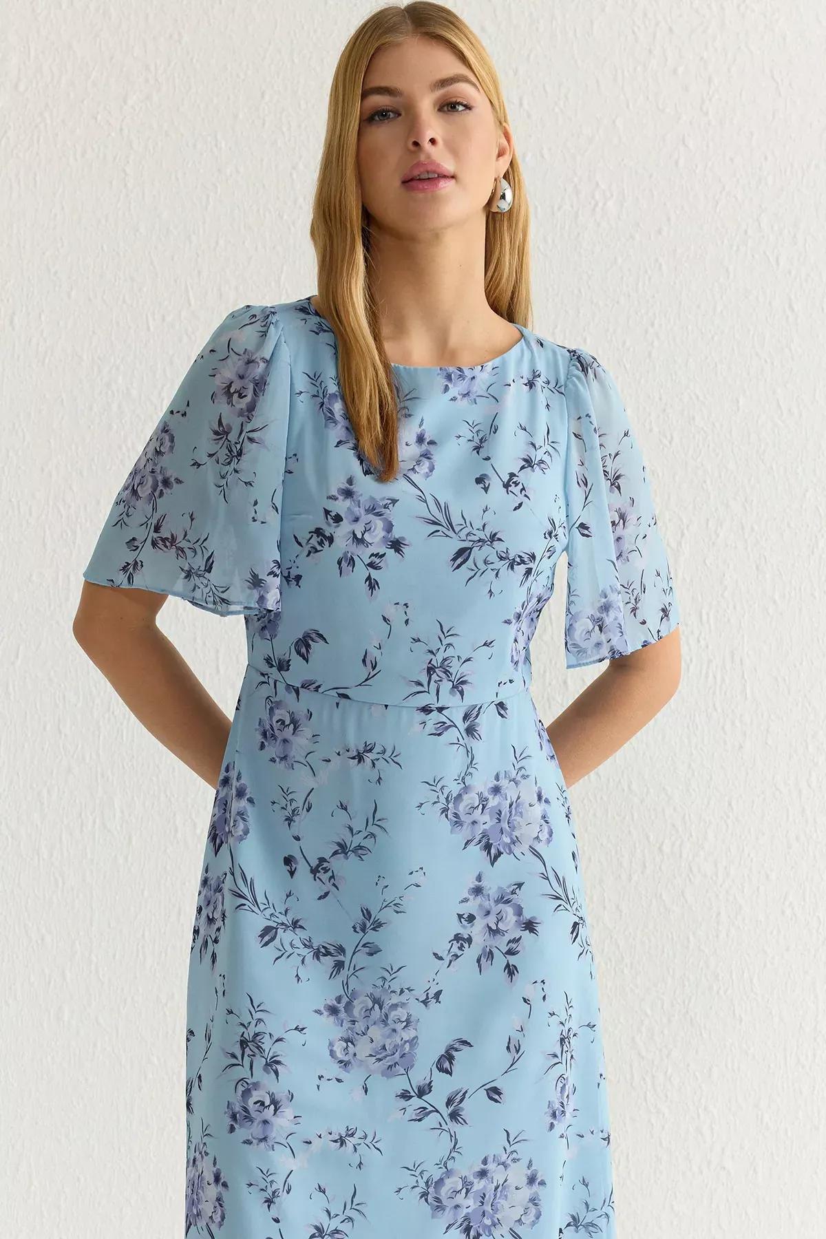 Blue Floral A-Line Midi Lined Dress, , large image number 1