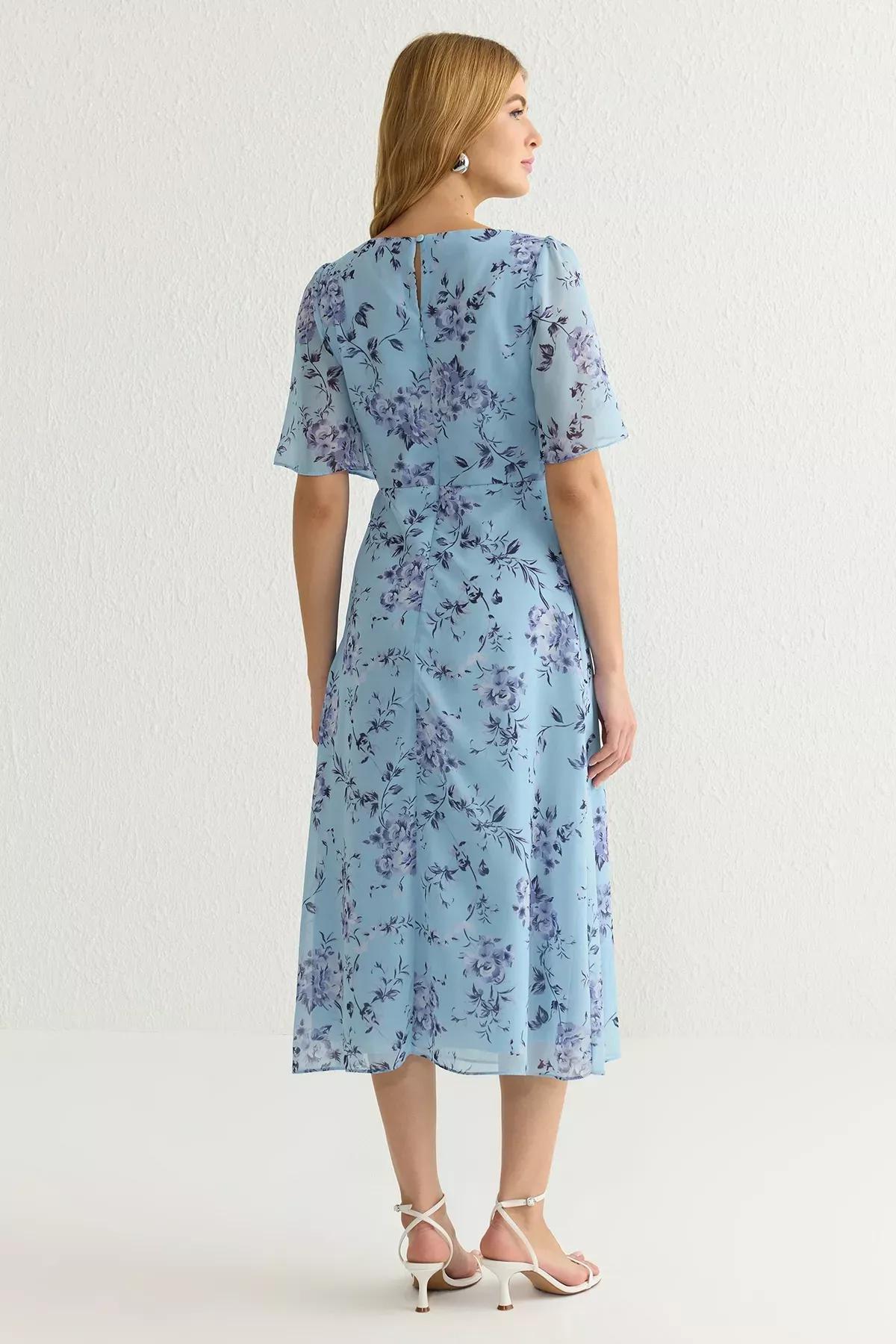 Blue Floral A-Line Midi Lined Dress, , large image number 4
