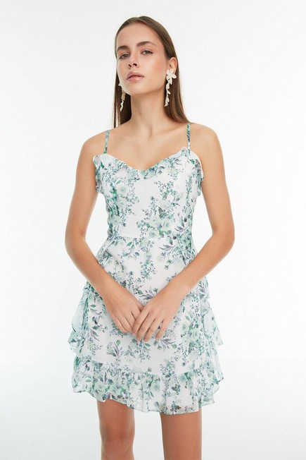 Trendyol - Green A-Line Floral Mini Dress