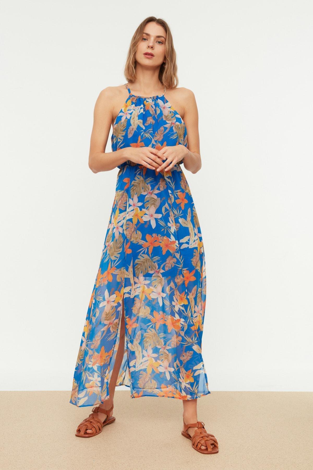 Navy A-Line Maxi Floral Pattern Dress, , large image number 0