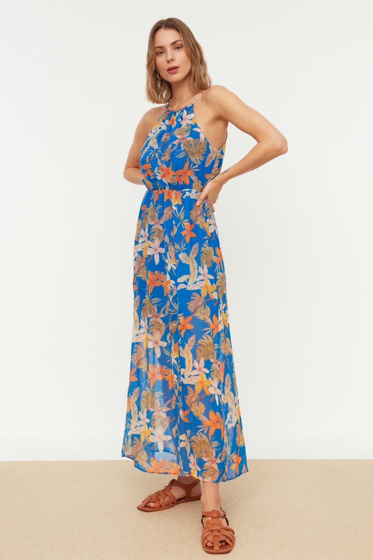 Navy A-Line Maxi Floral Pattern Dress, , large image number 1
