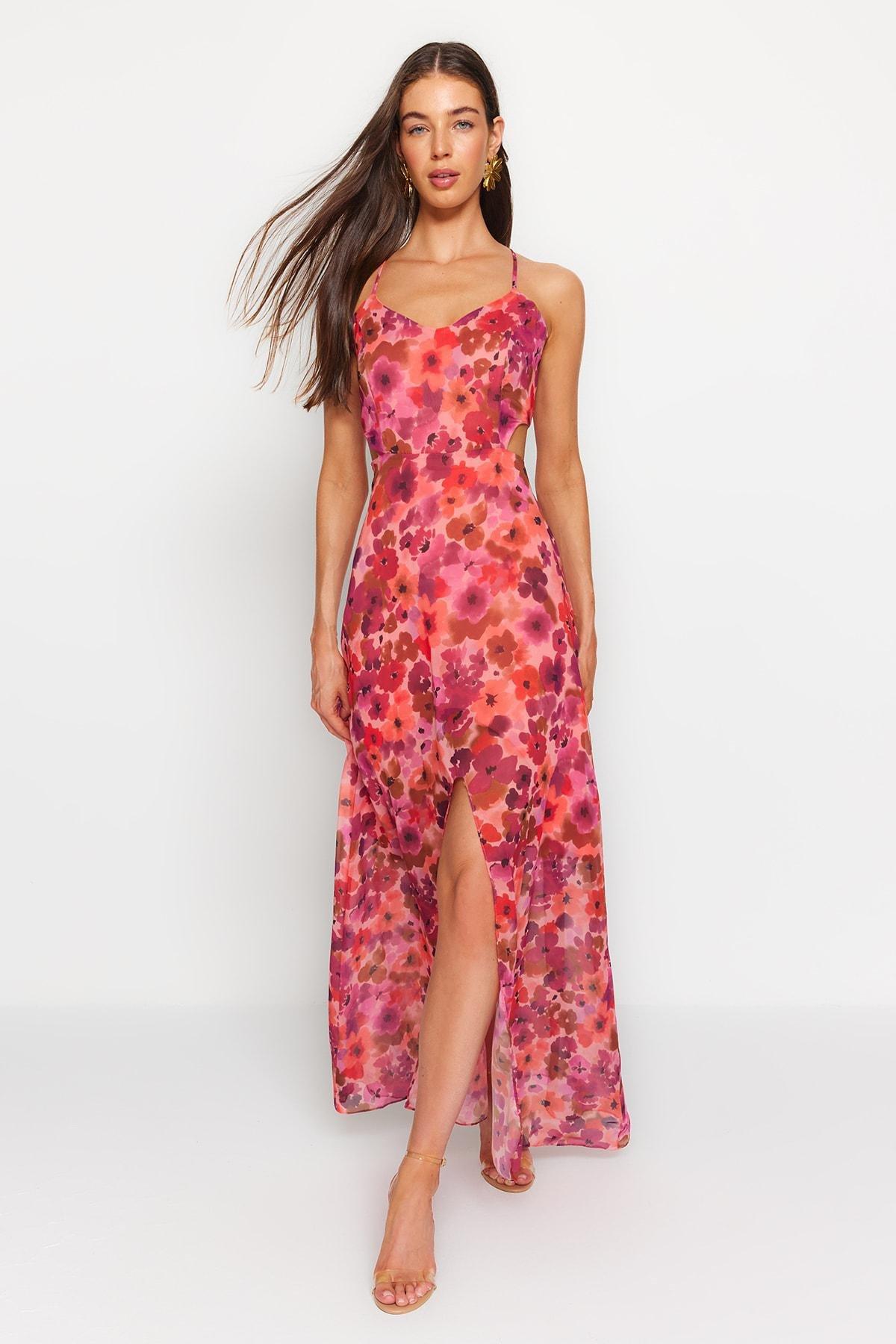 Red Slit Detailed Woven Dress, , large image number 0