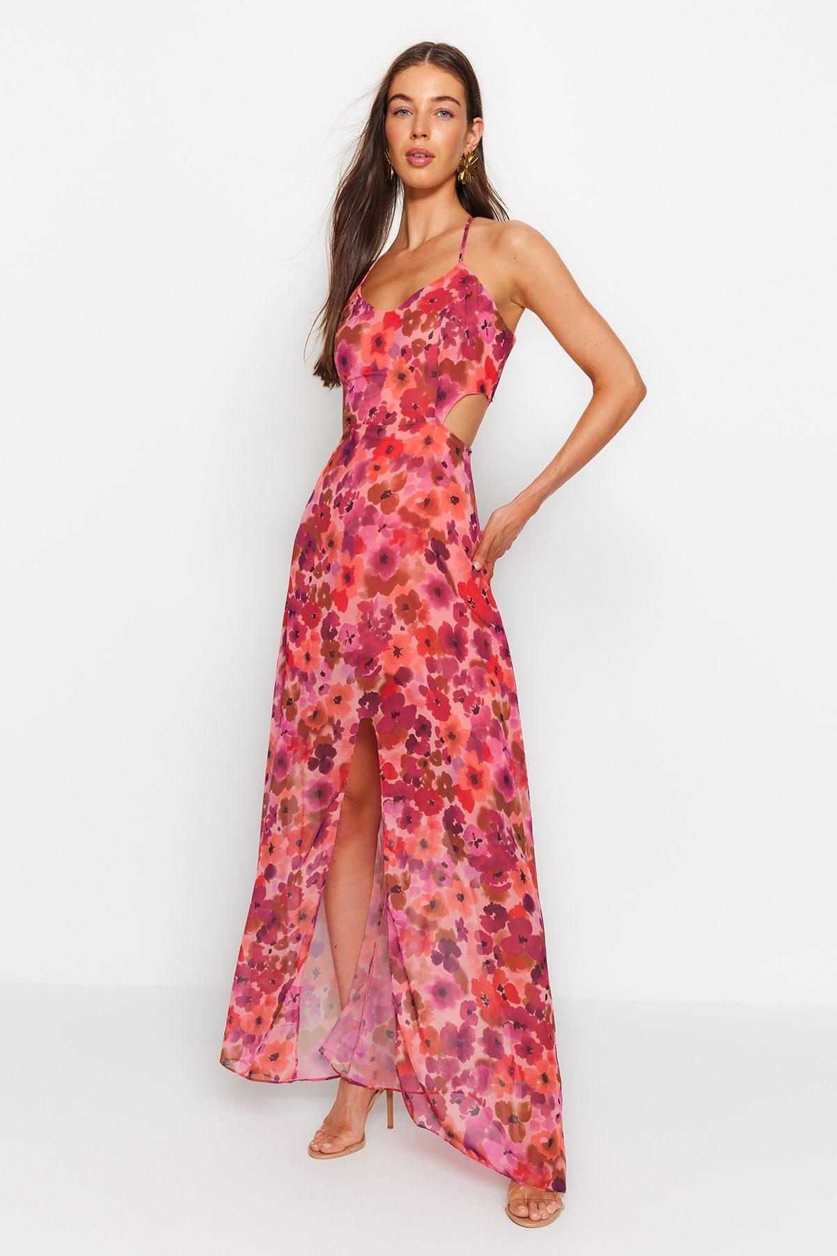 Red Slit Detailed Woven Dress, , large image number 1