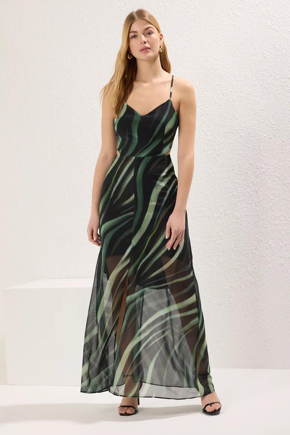 Green A-Line Detailed Maxi Dress, , large image number 1