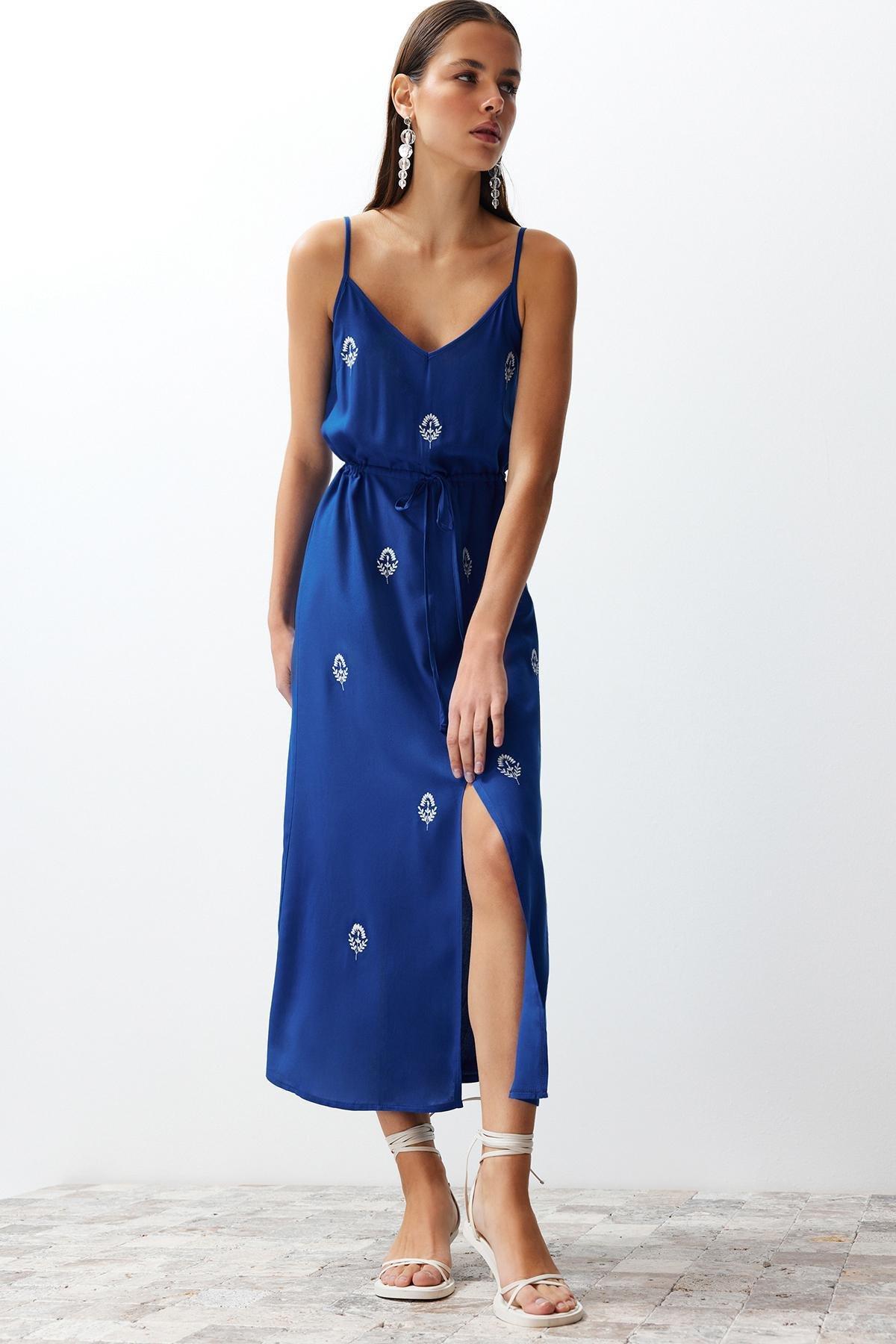 Indigo Embroidered Skater Midi Dress, , large image number 1