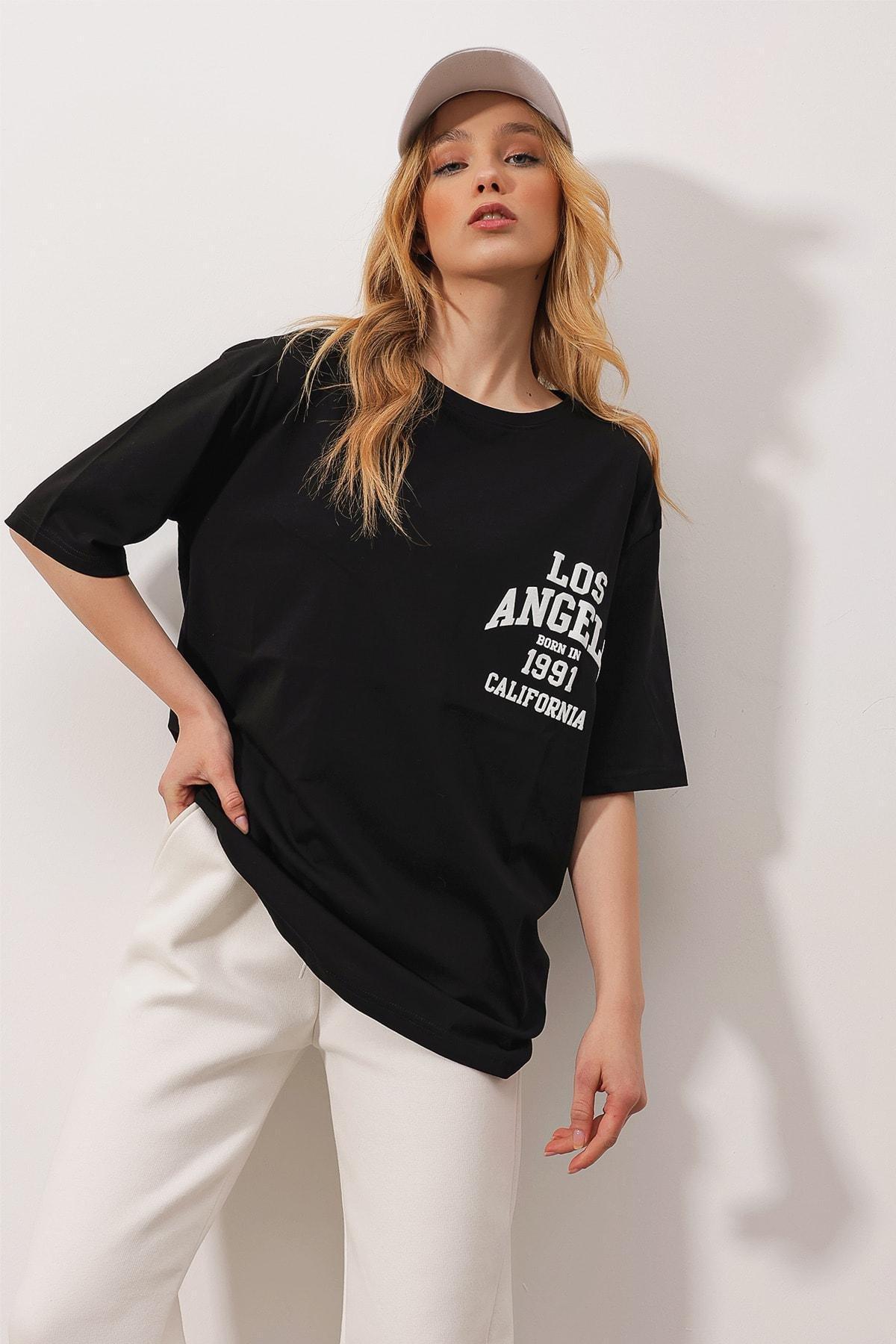 Alacati - Black Crew Neck Printed Oversize T-Shirt