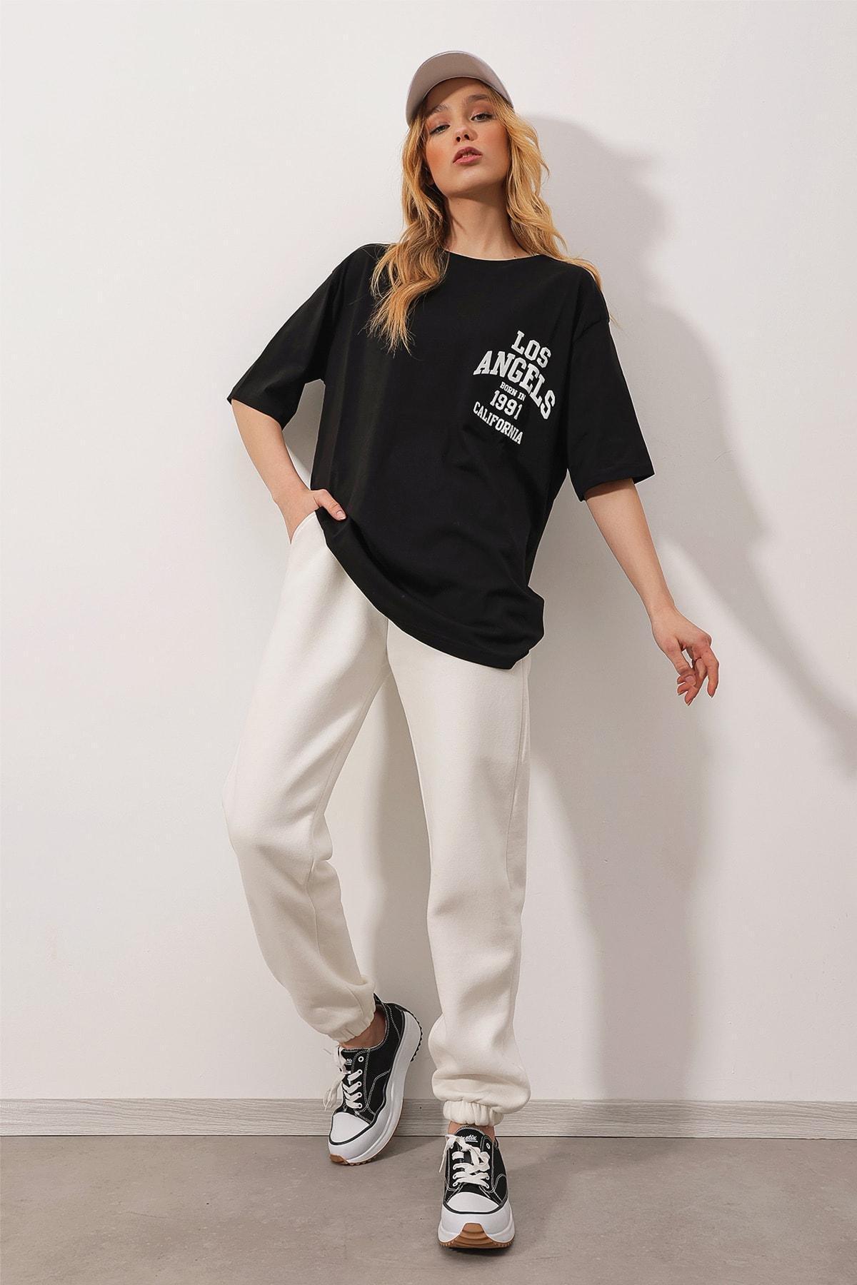 Alacati - Black Crew Neck Printed Oversize T-Shirt