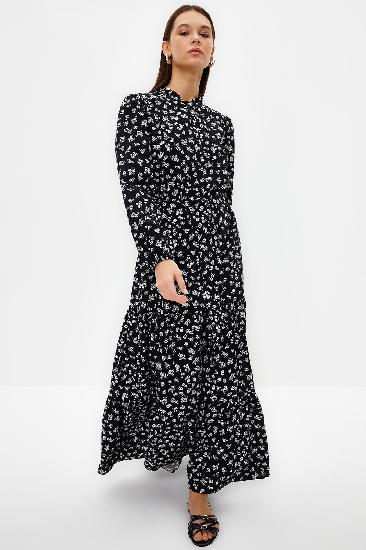 Black Belted Floral Dress, , medium