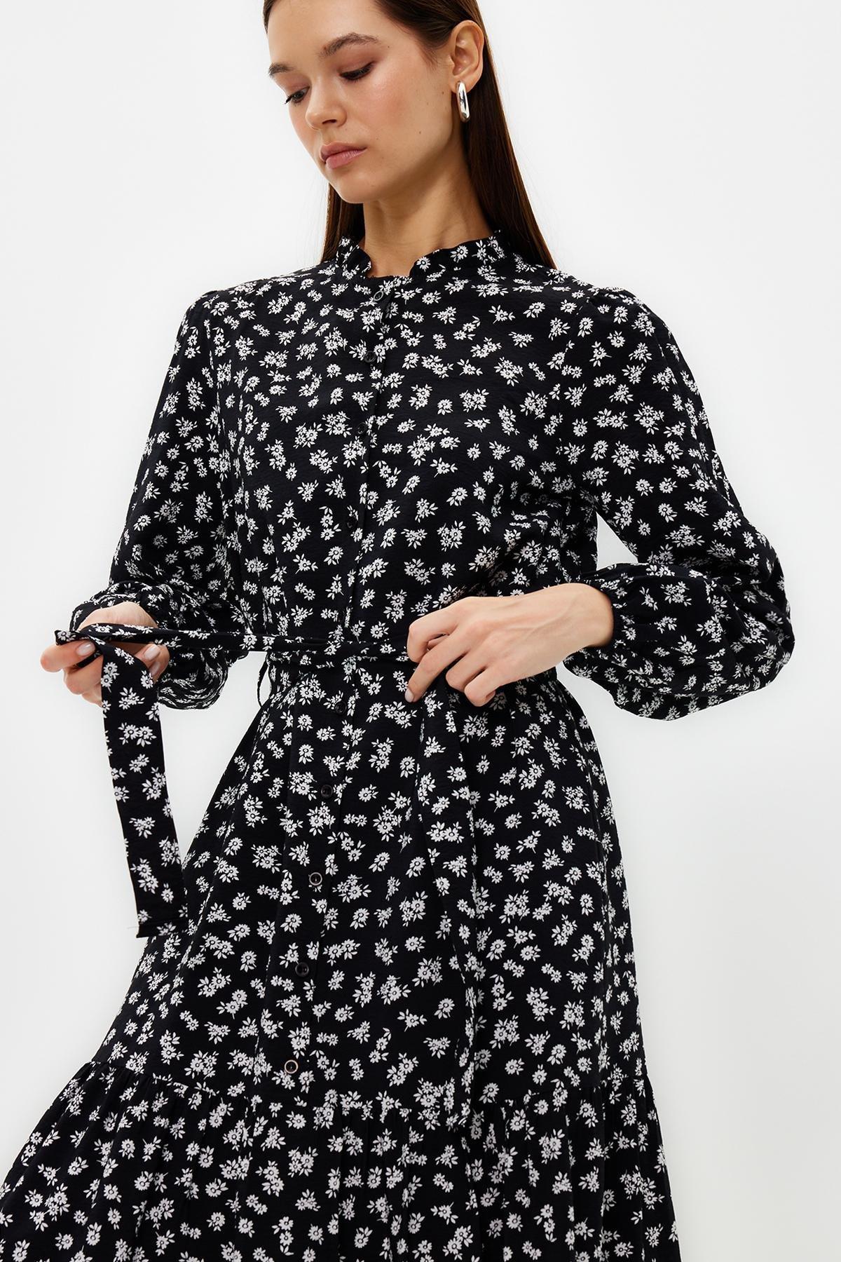 Black Belted Floral Dress, , large image number 1
