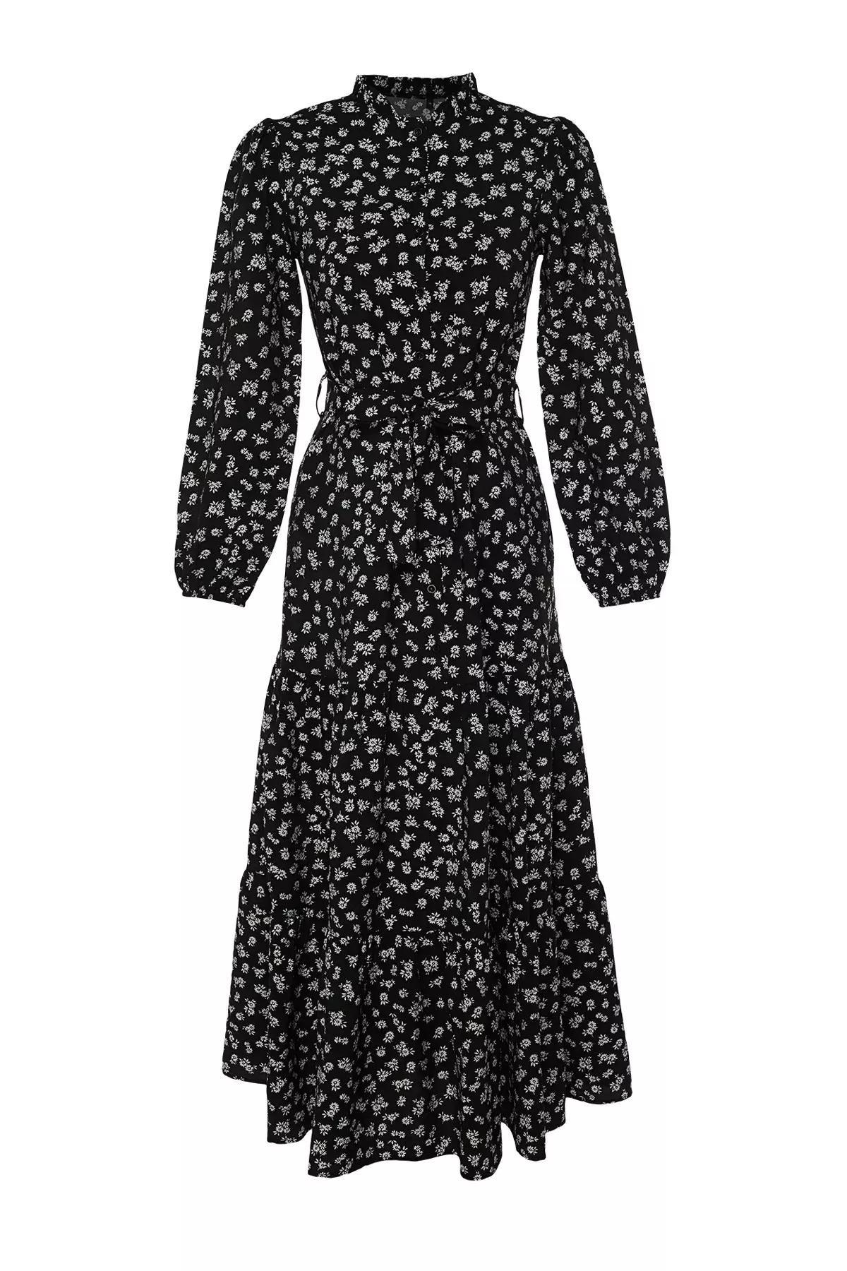 Black Belted Floral Dress, BLACK, large image number 5