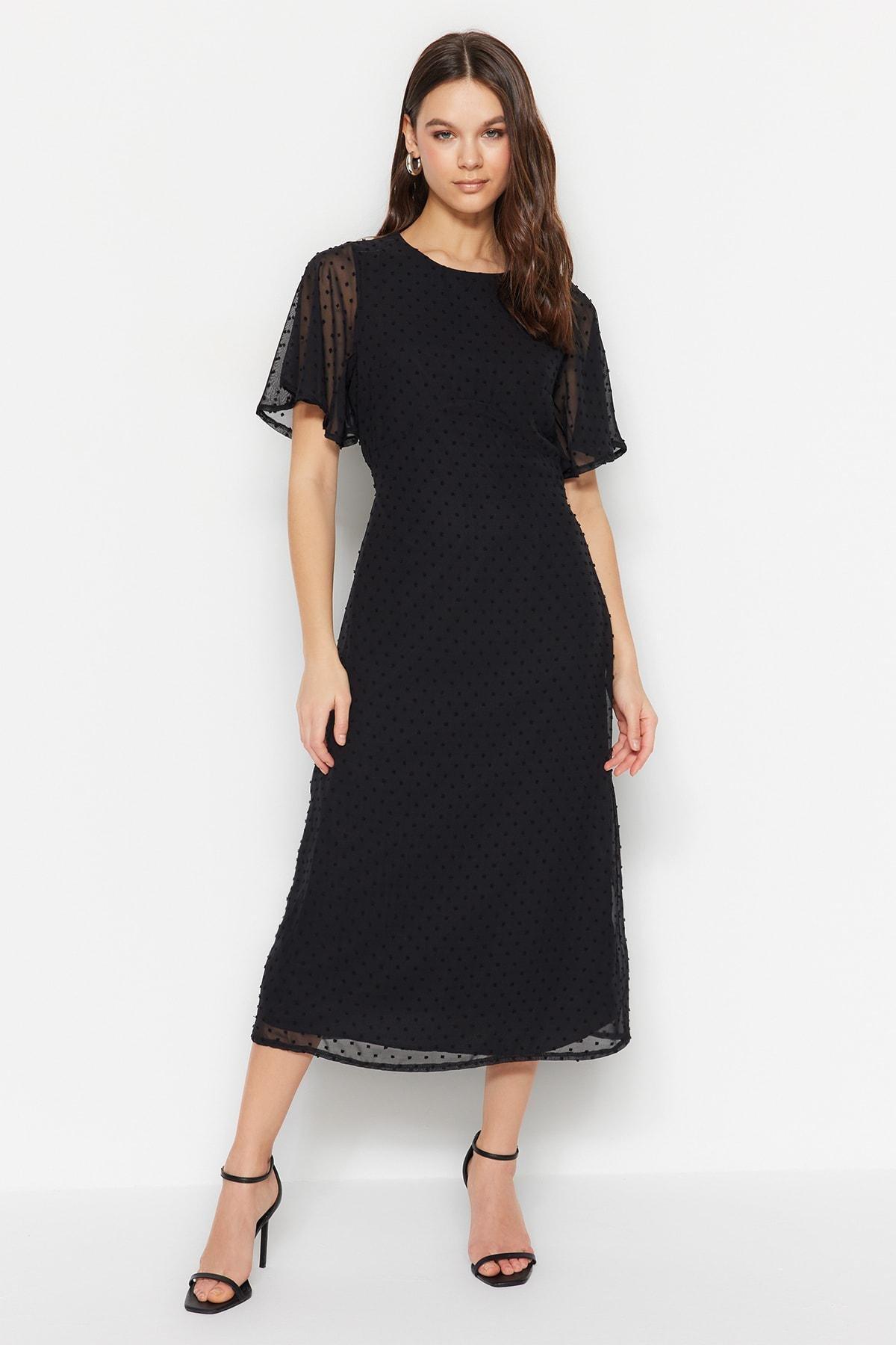 Black Crew Neck A-Line Dress, , large image number 0