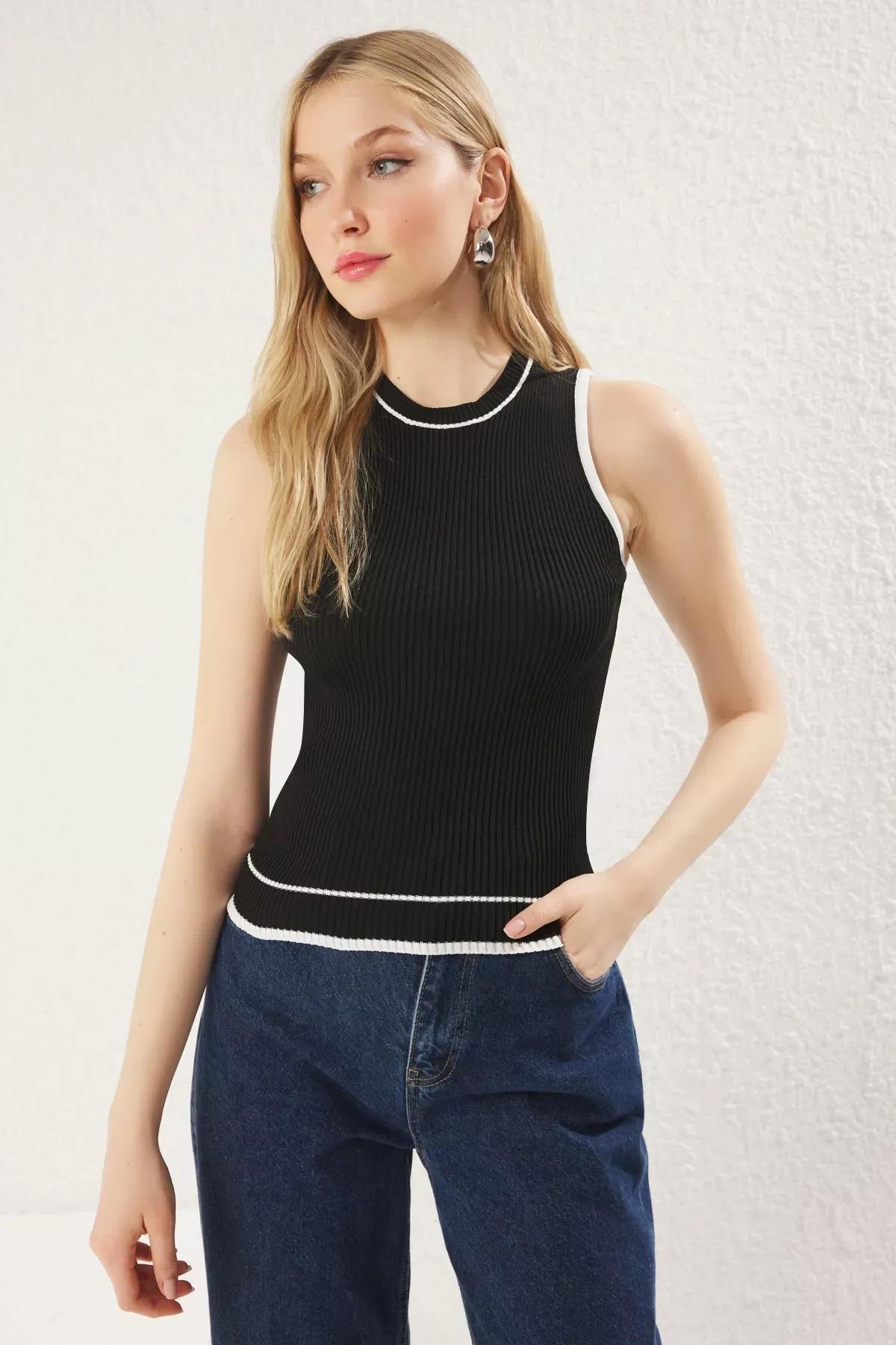 Black Color Block Knit Blouse, , large image number 0