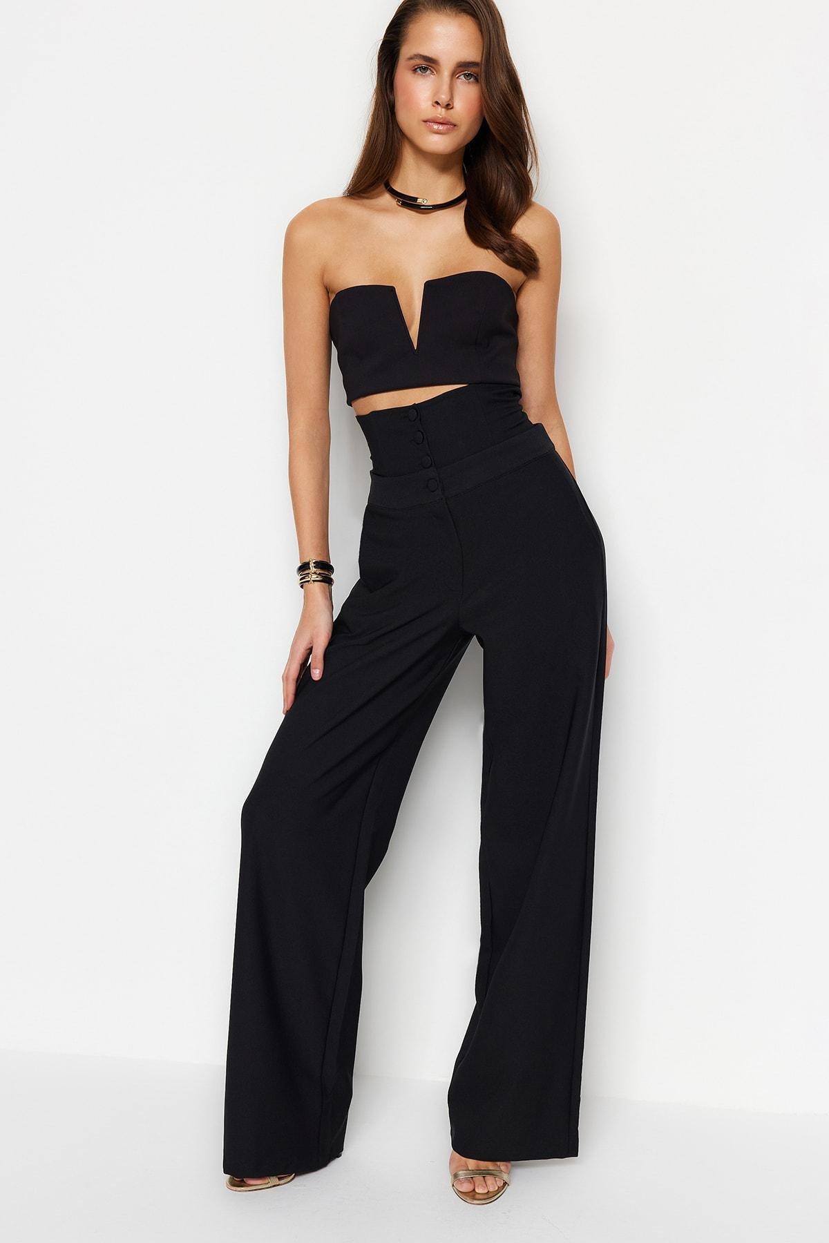 Black Woven Corset Detailed Trousers, , large image number 1