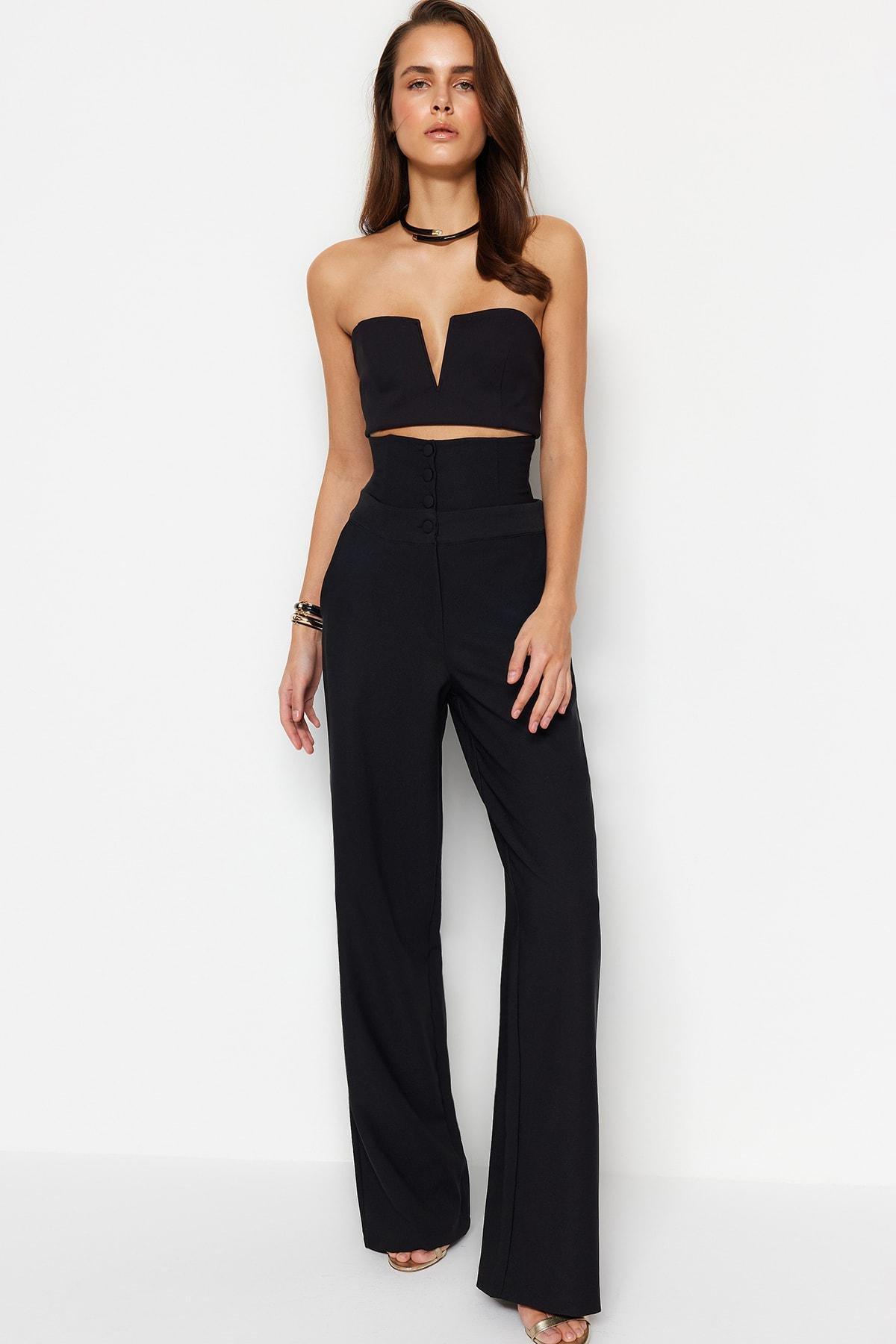 Black Woven Corset Detailed Trousers, , large image number 2