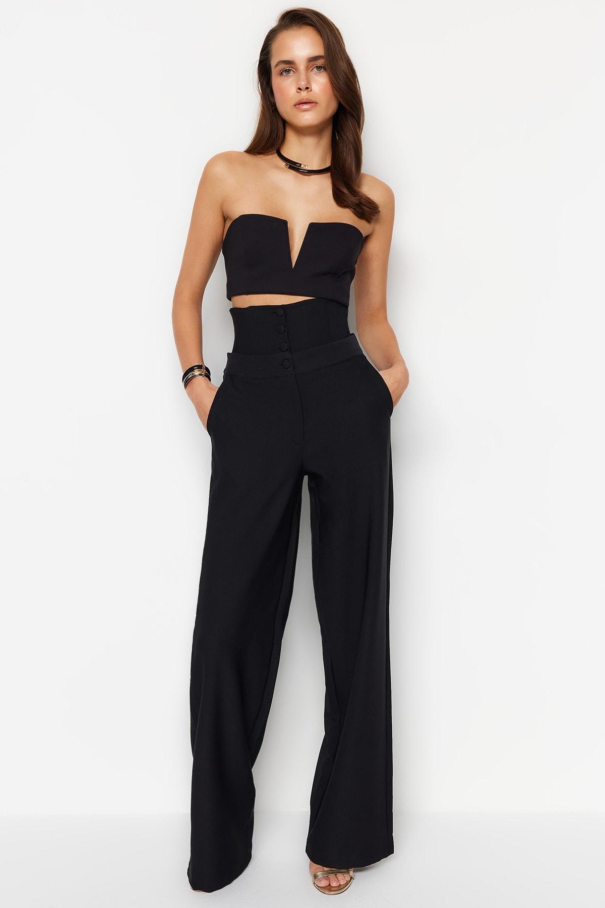 Black Woven Corset Detailed Trousers, , large image number 3