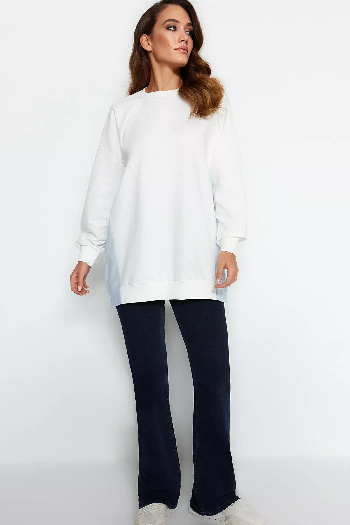 Ecru Woven Pieced Knitted Tunic, Ecru, large image number 1