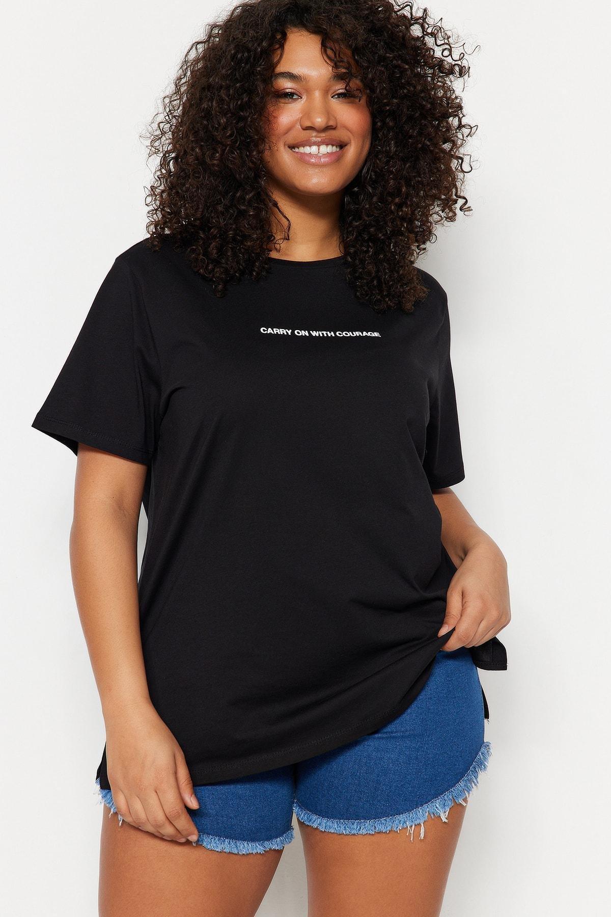 Trendyol - Black Graphic Plus Size T-Shirt