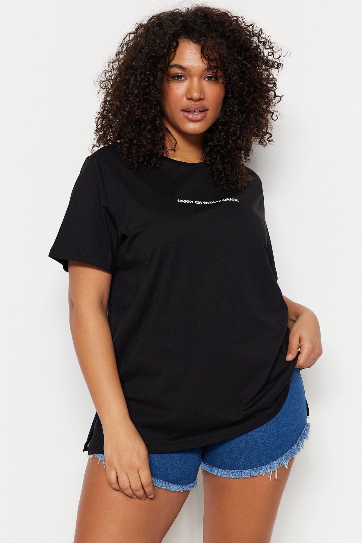 Black Graphic Plus Size T-Shirt, , large image number 1