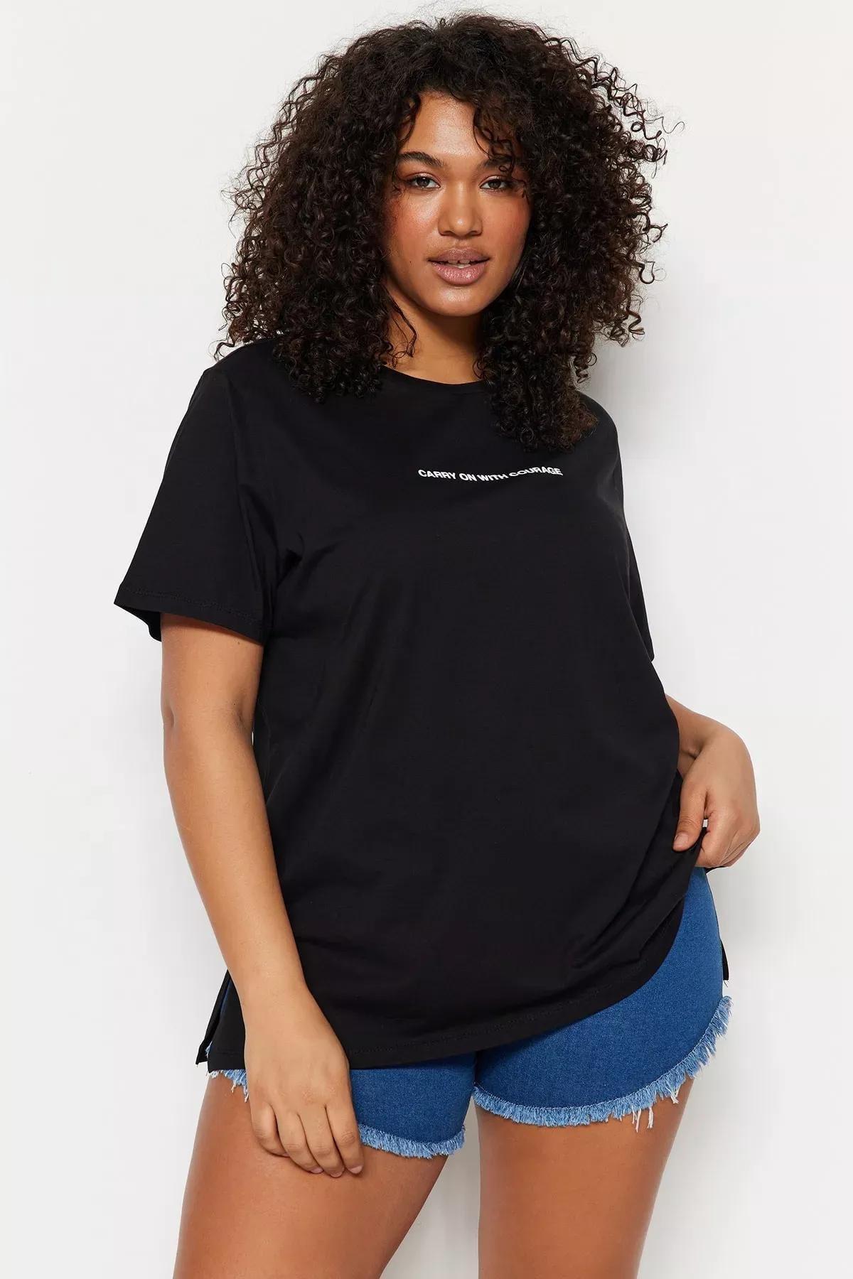 Black Graphic Plus Size T-Shirt, Black, large image number 1