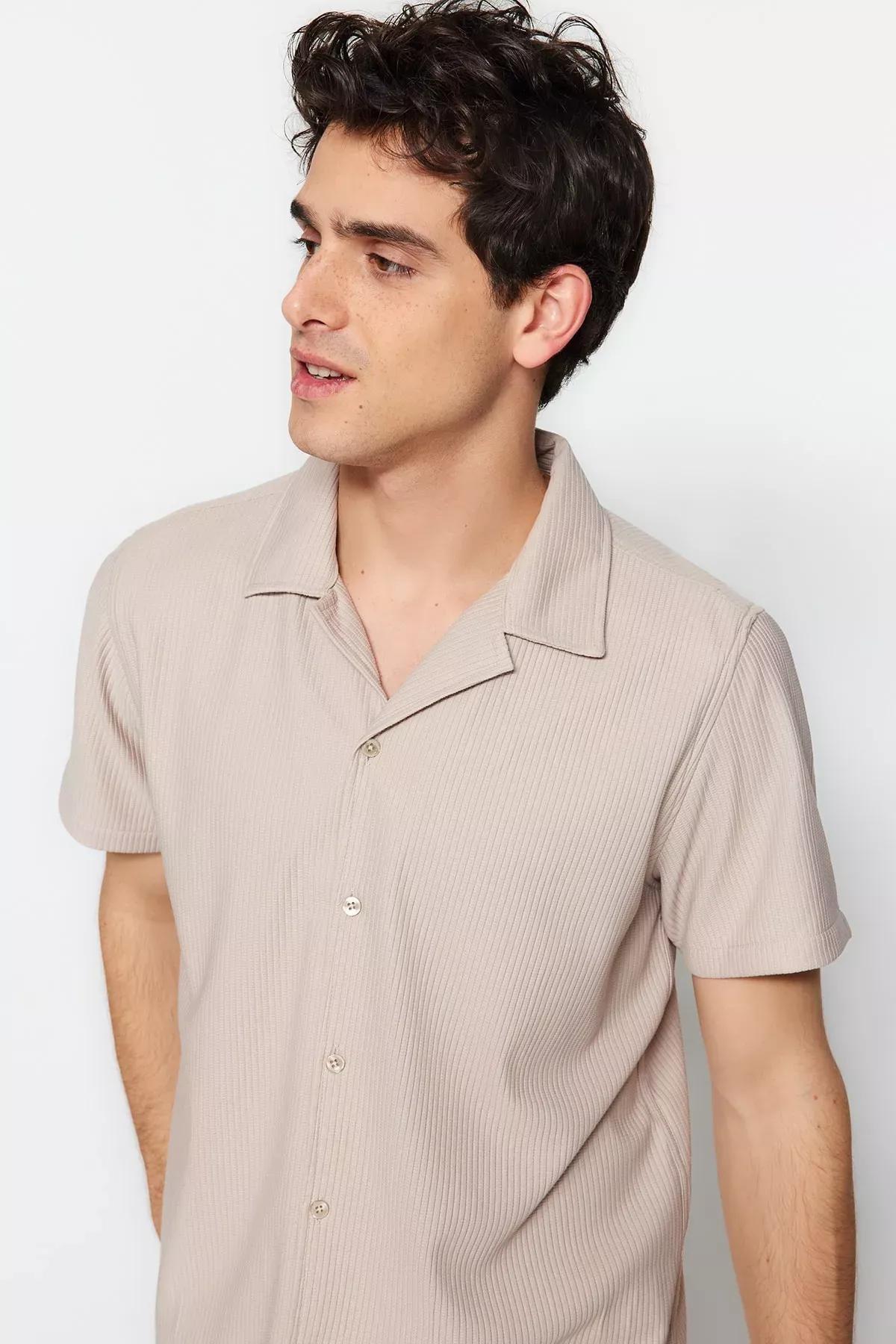Beige Polyester Collared Shirt, Beige, medium