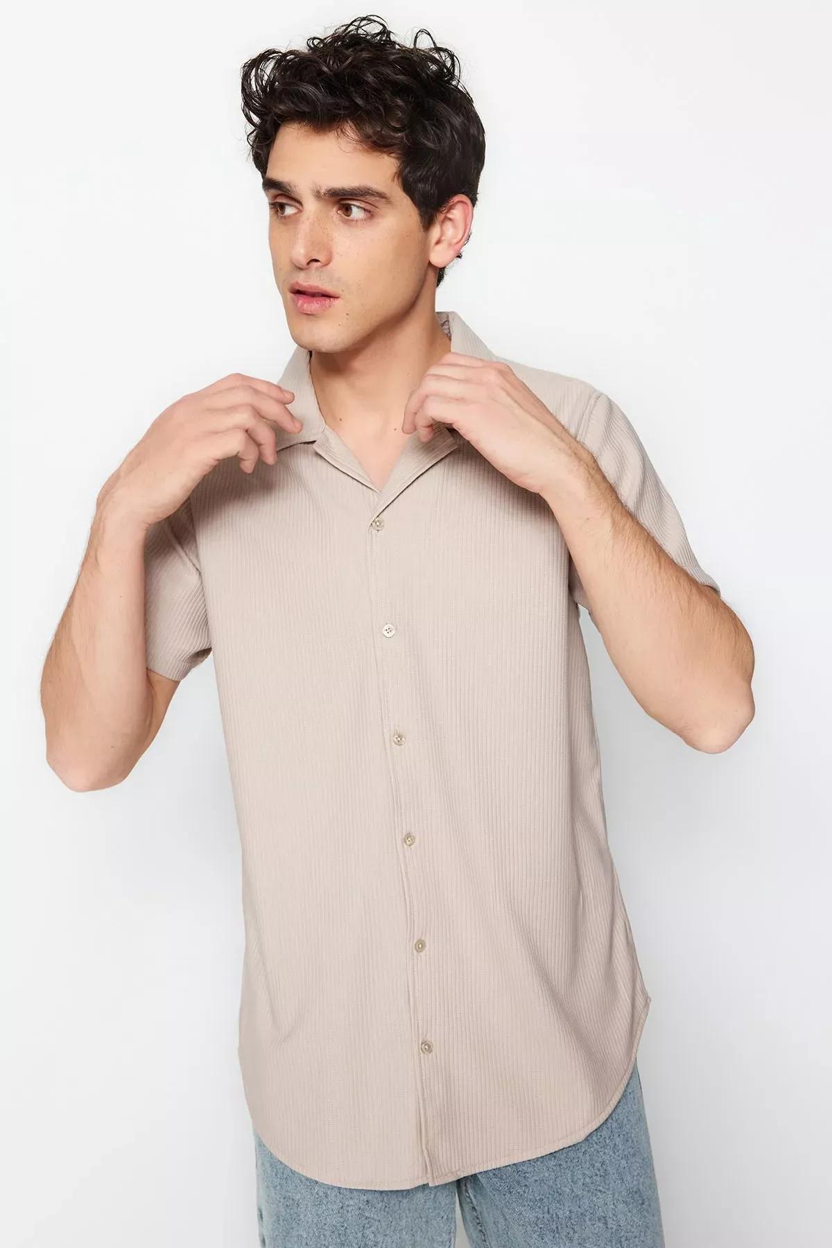 Beige Polyester Collared Shirt, Beige, medium