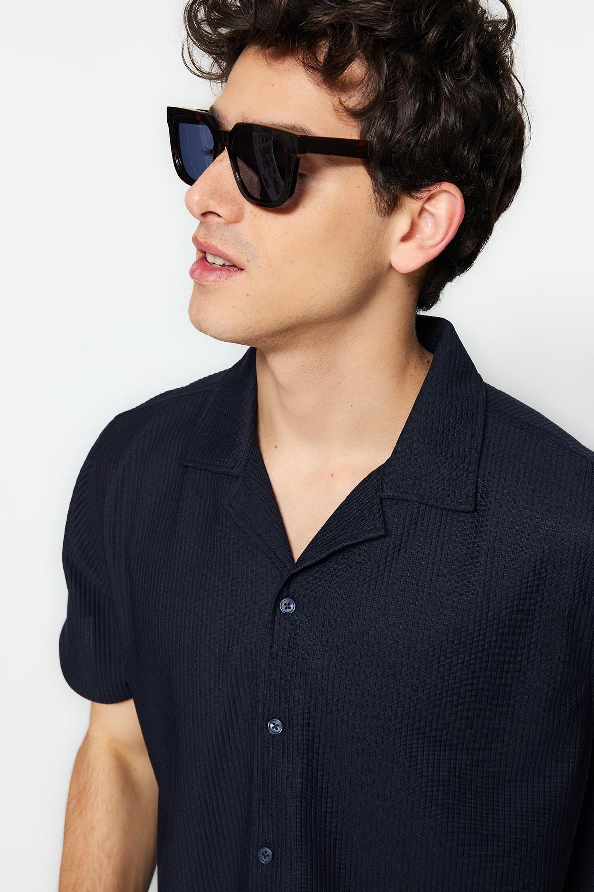 Navy Polyester Collared Shirt, , medium