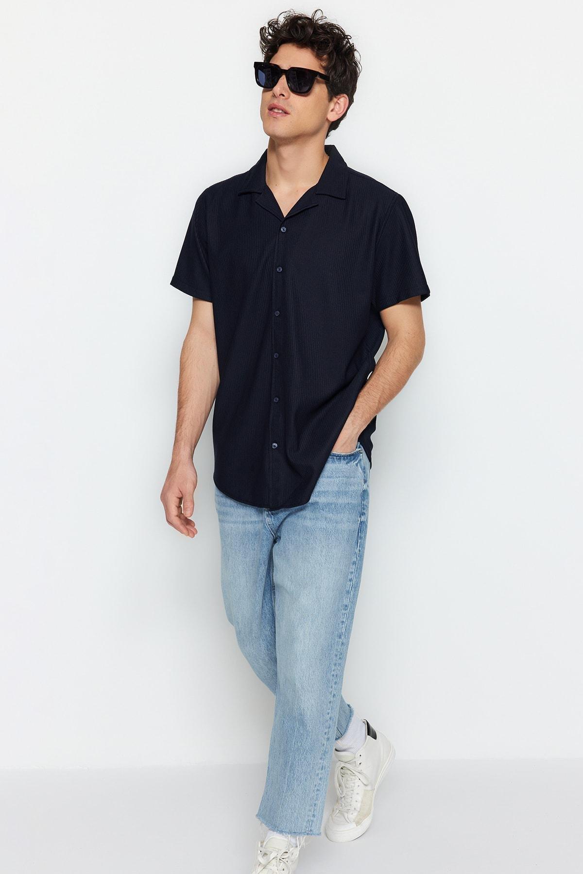 Navy Polyester Collared Shirt, , large image number 1