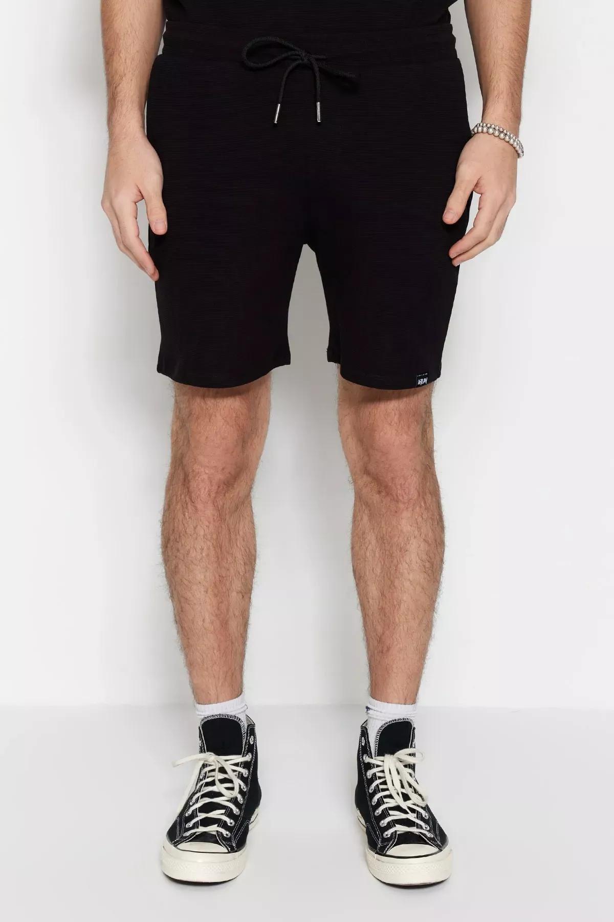 Black Straight Mid Waist Shorts, , large image number 0
