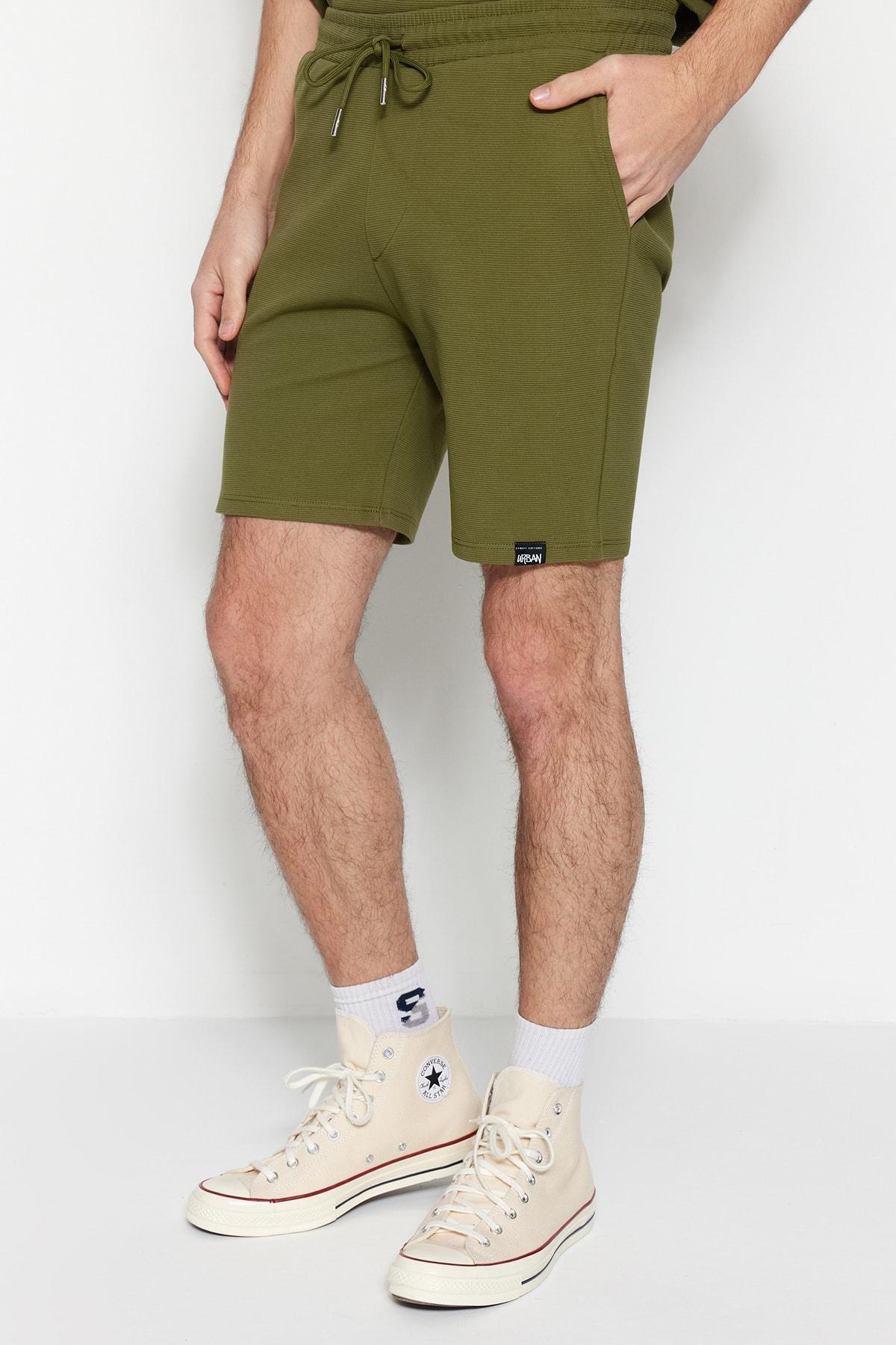 Khaki Straight Mid Waist Shorts, , large image number 0