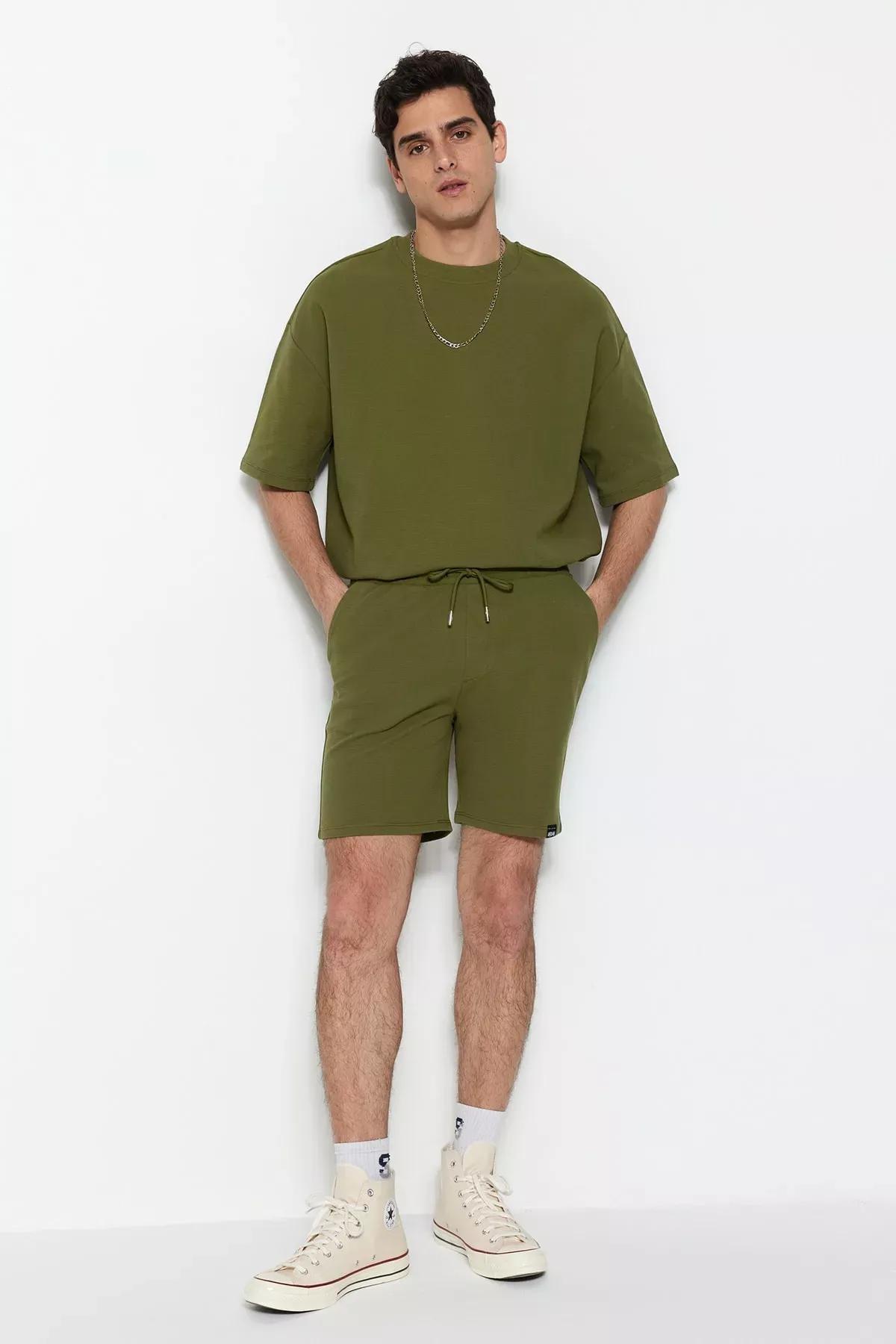 Khaki Straight Mid Waist Shorts, , large image number 1