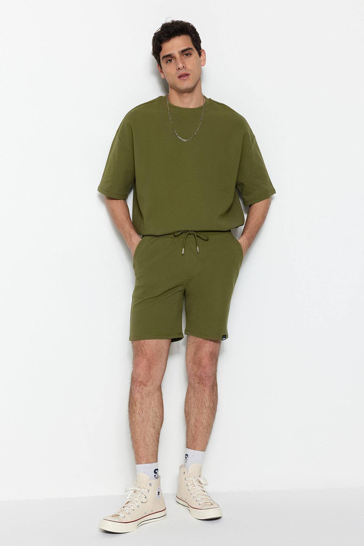 Khaki Straight Mid Waist Shorts, , large image number 1