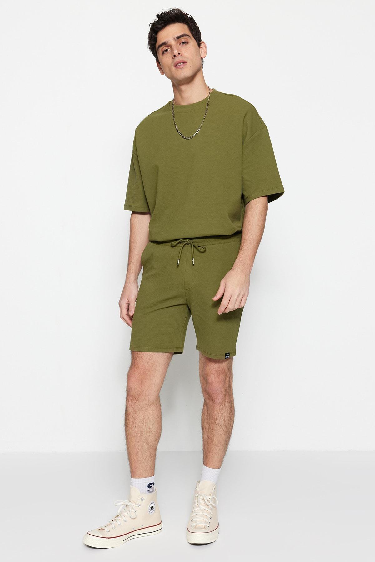 Khaki Straight Mid Waist Shorts, , large image number 2