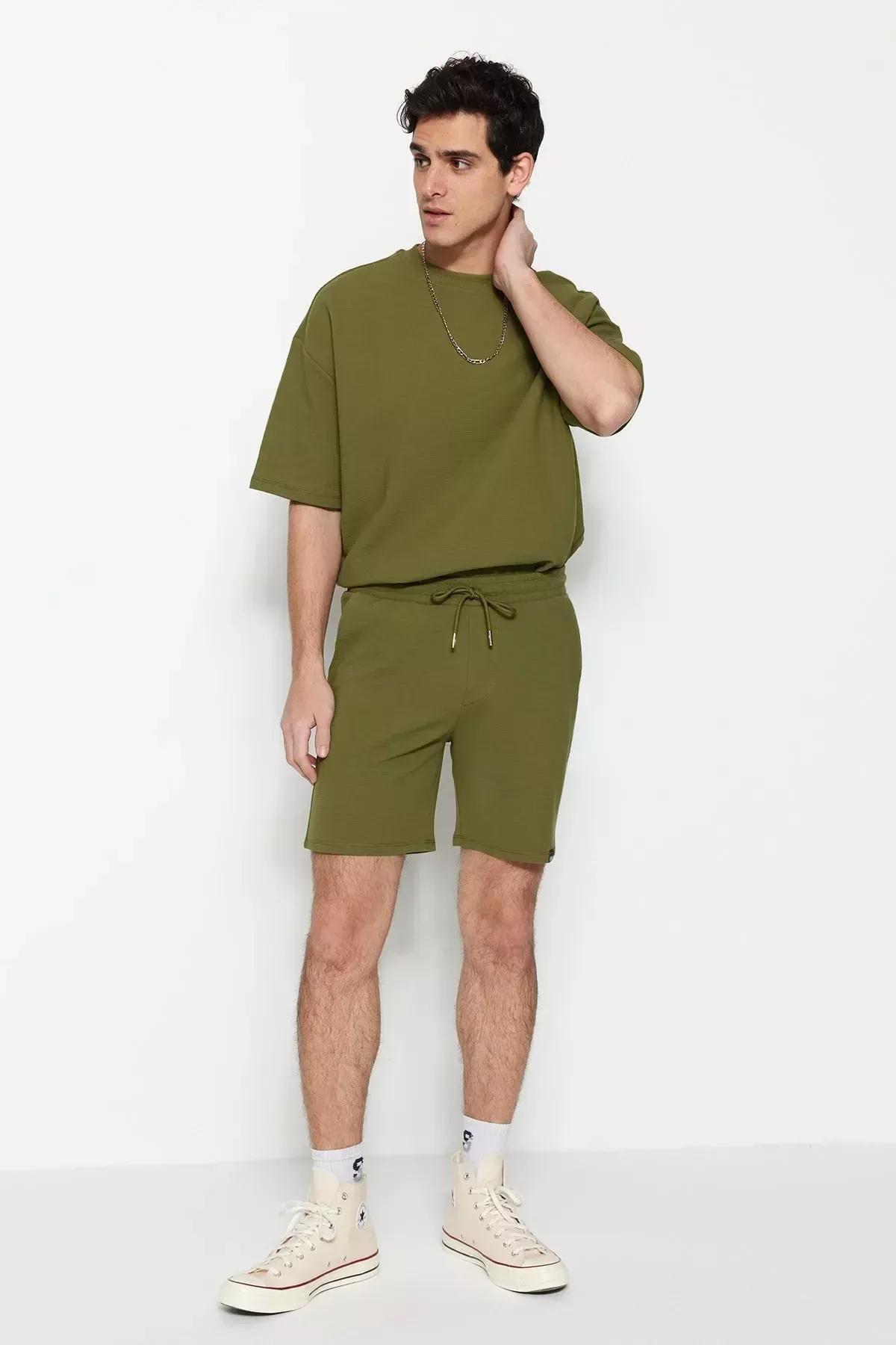 Khaki Straight Mid Waist Shorts, Khaki, large image number 3