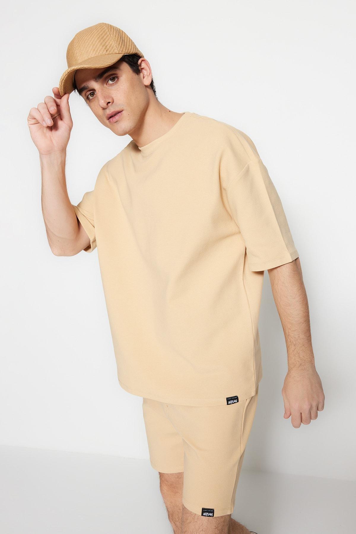 Beige Crew Neck Oversize T-Shirt, , large image number 0