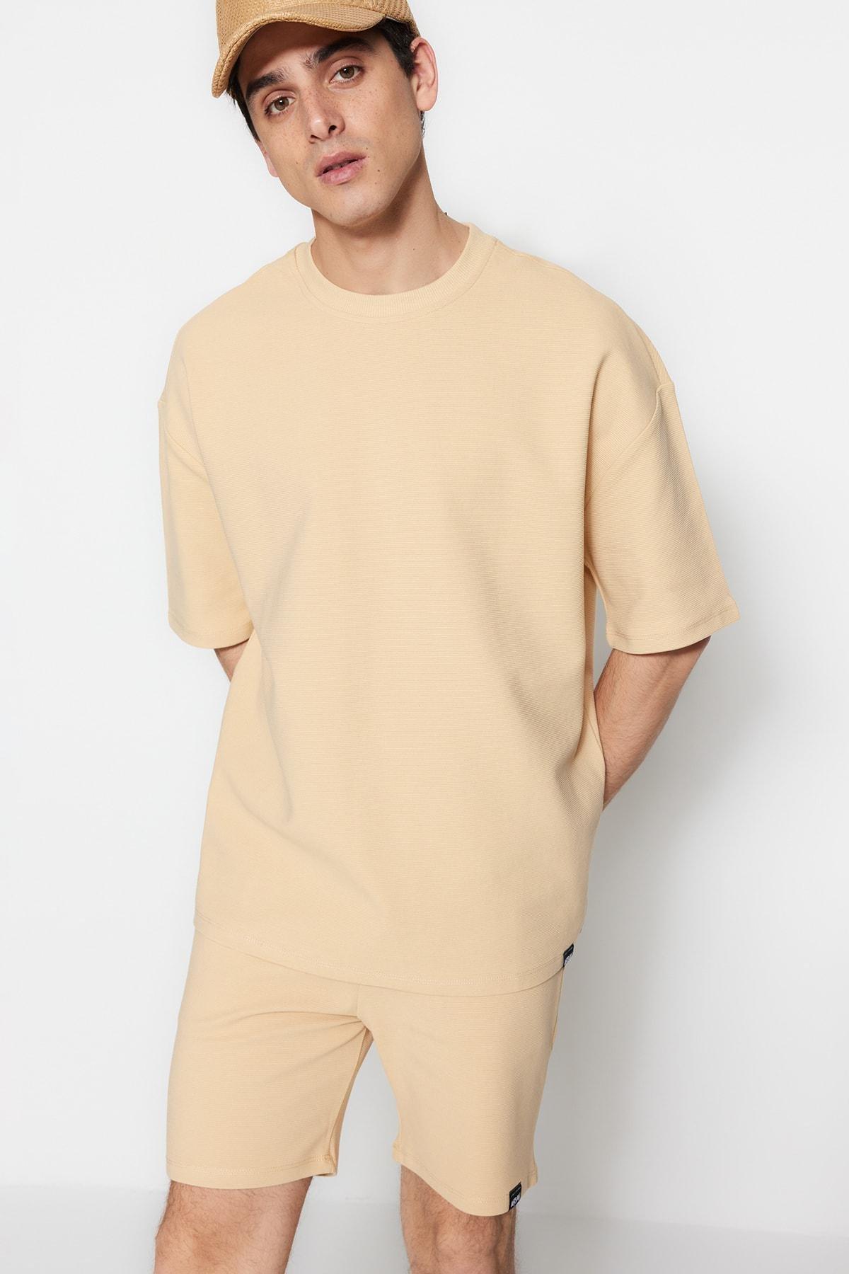 Trendyol - Beige Crew Neck Oversize T-Shirt