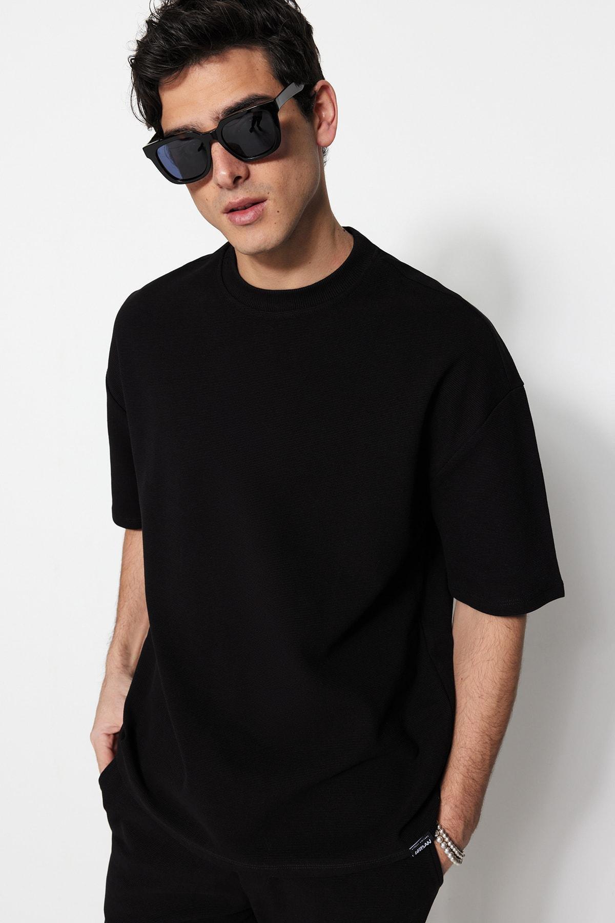 Black Crew Neck Oversize T-Shirt, , large image number 0