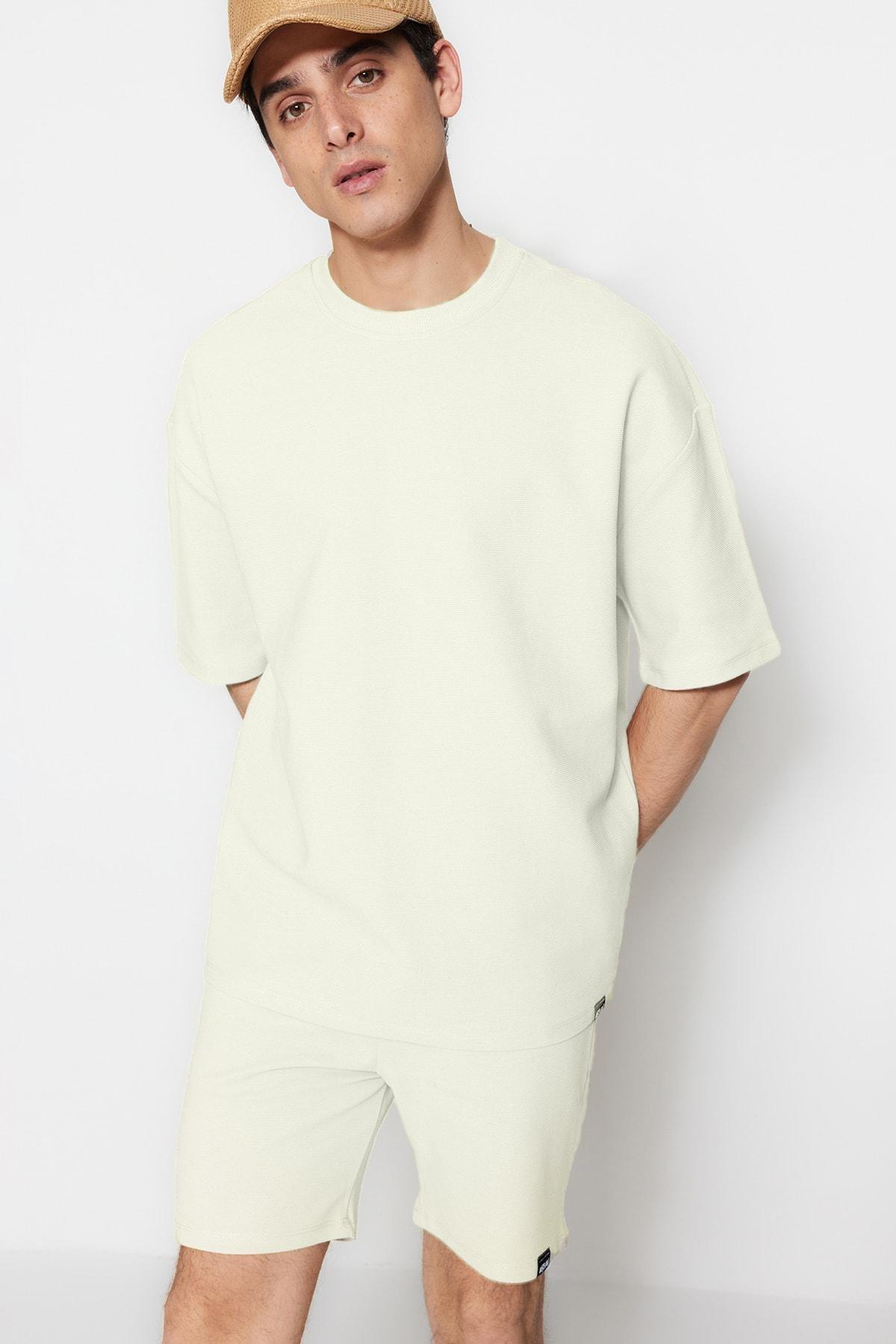 Ecru Textured Oversize T-Shirt, , large image number 0